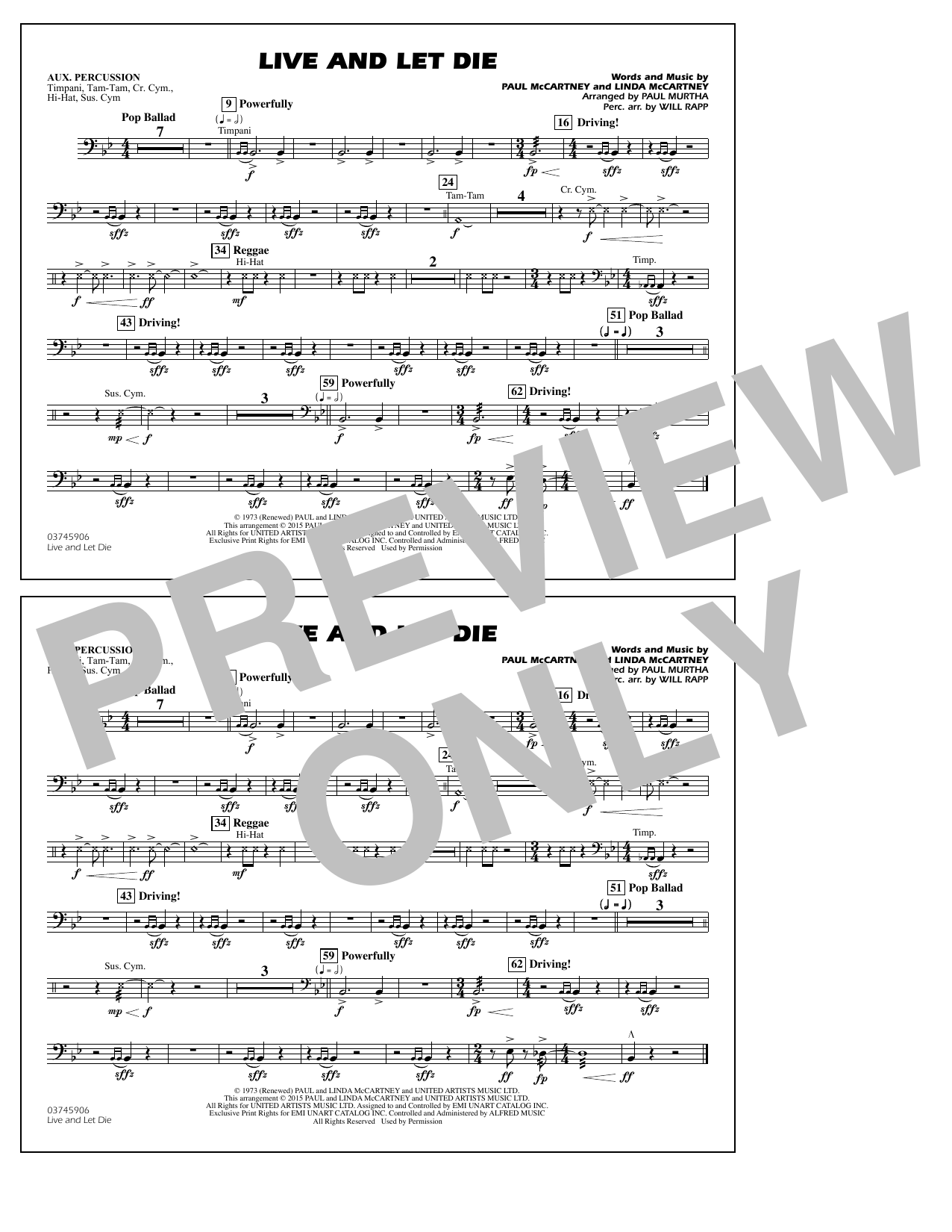 Paul Murtha Live and Let Die - Aux Percussion sheet music notes and chords arranged for Marching Band