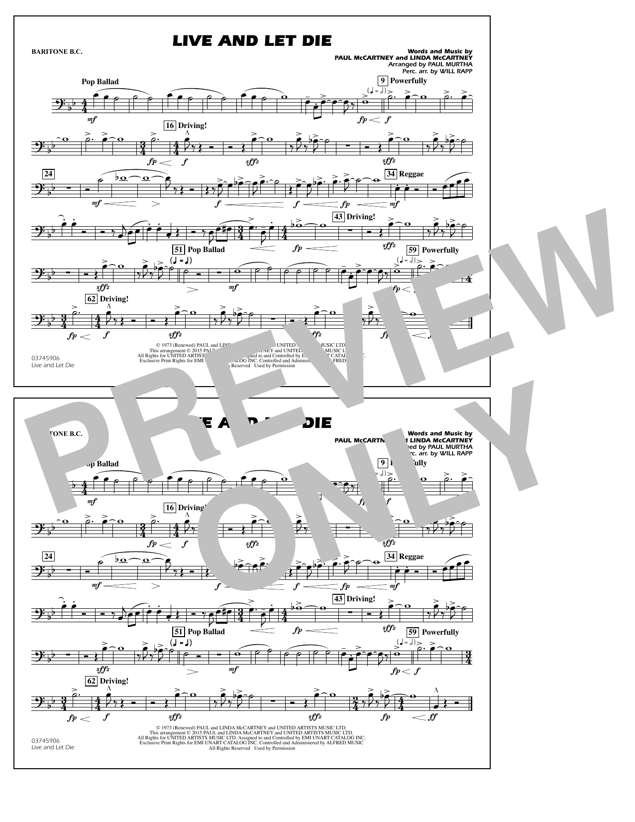 Paul Murtha Live and Let Die - Baritone B.C. sheet music notes and chords arranged for Marching Band