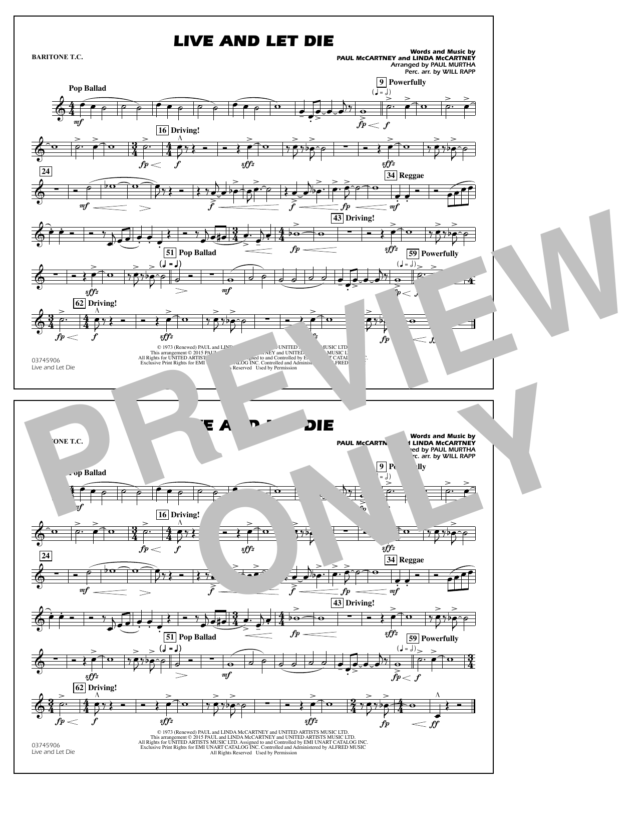 Paul Murtha Live and Let Die - Baritone T.C. sheet music notes and chords arranged for Marching Band