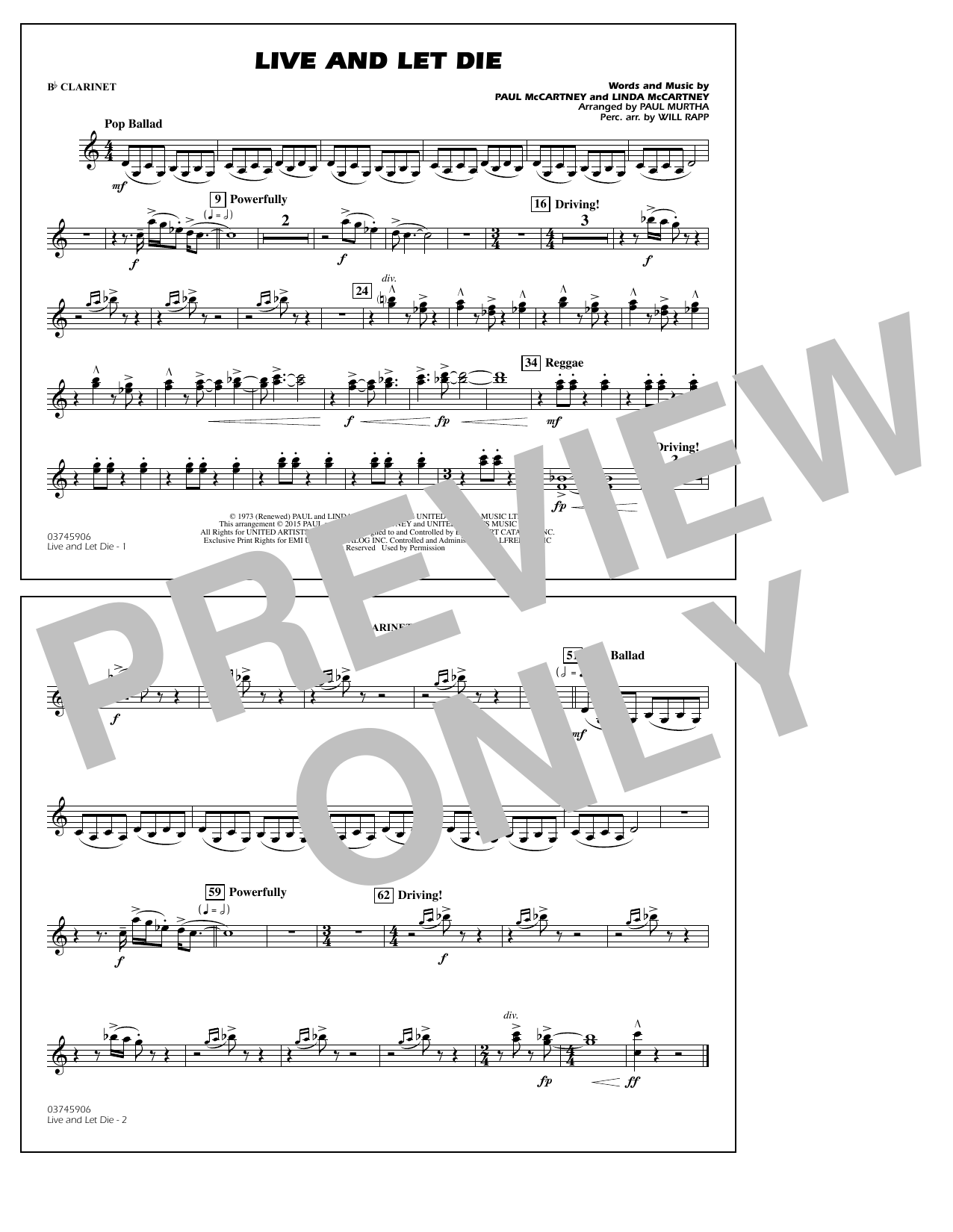 Paul Murtha Live and Let Die - Bb Clarinet sheet music notes and chords arranged for Marching Band