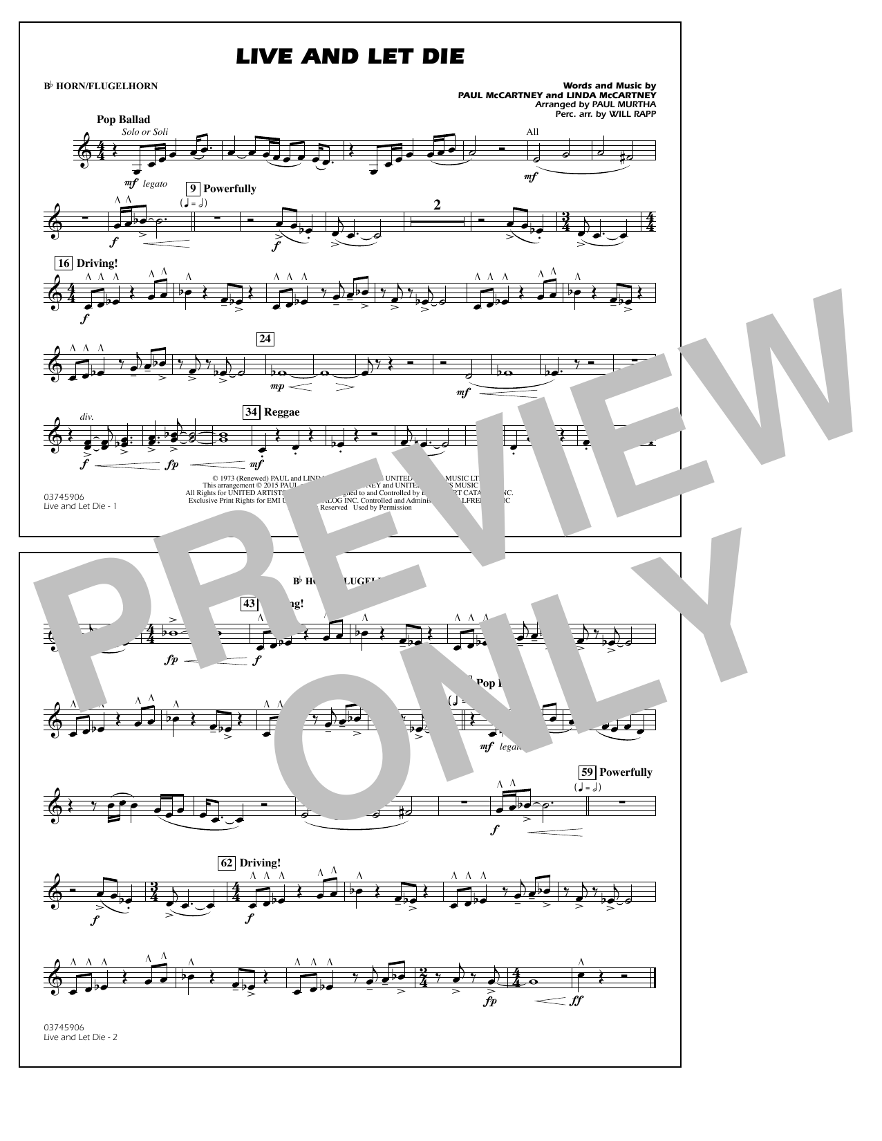 Paul Murtha Live and Let Die - Bb Horn/Flugelhorn sheet music notes and chords arranged for Marching Band