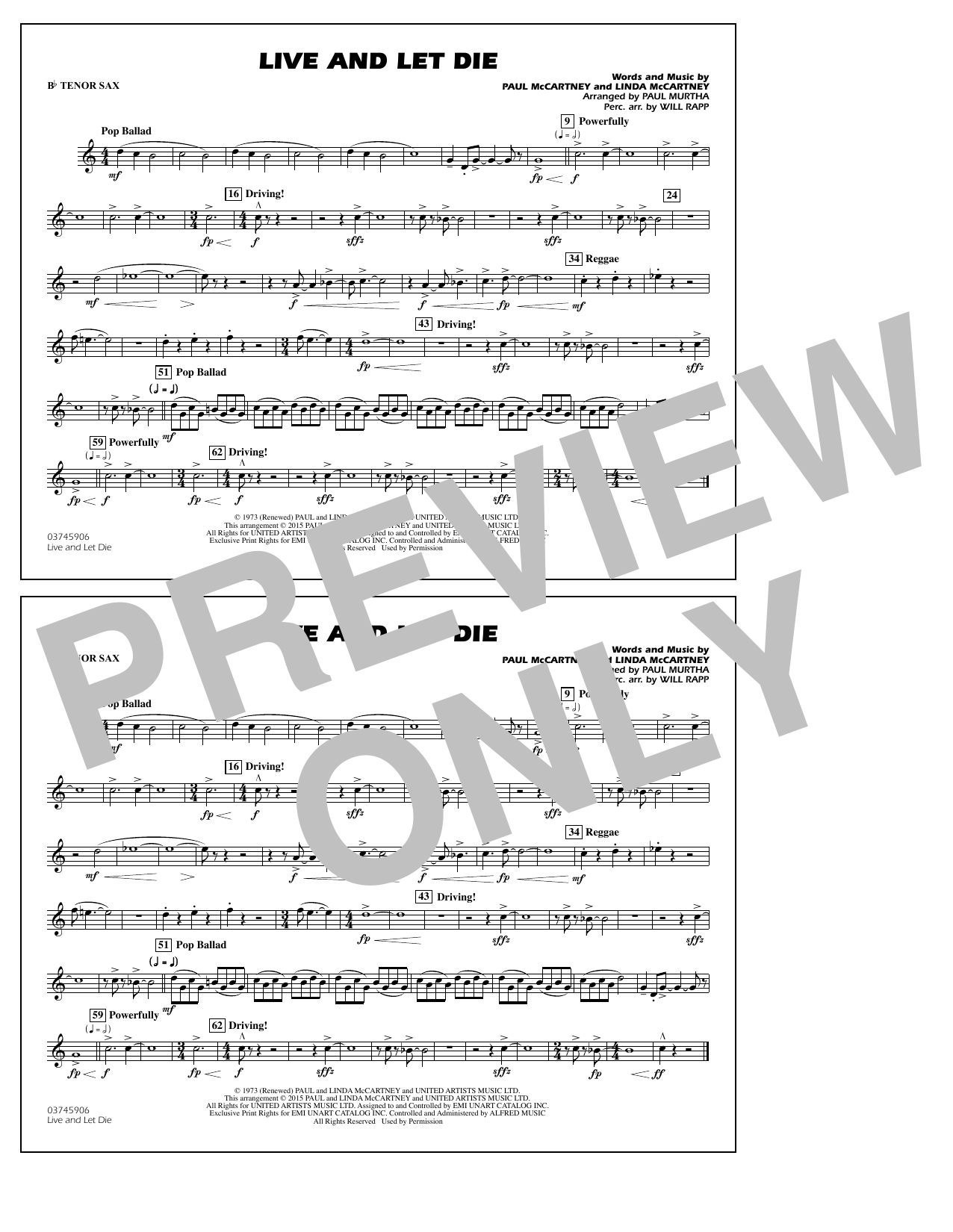 Paul Murtha Live and Let Die - Bb Tenor Sax sheet music notes and chords arranged for Marching Band
