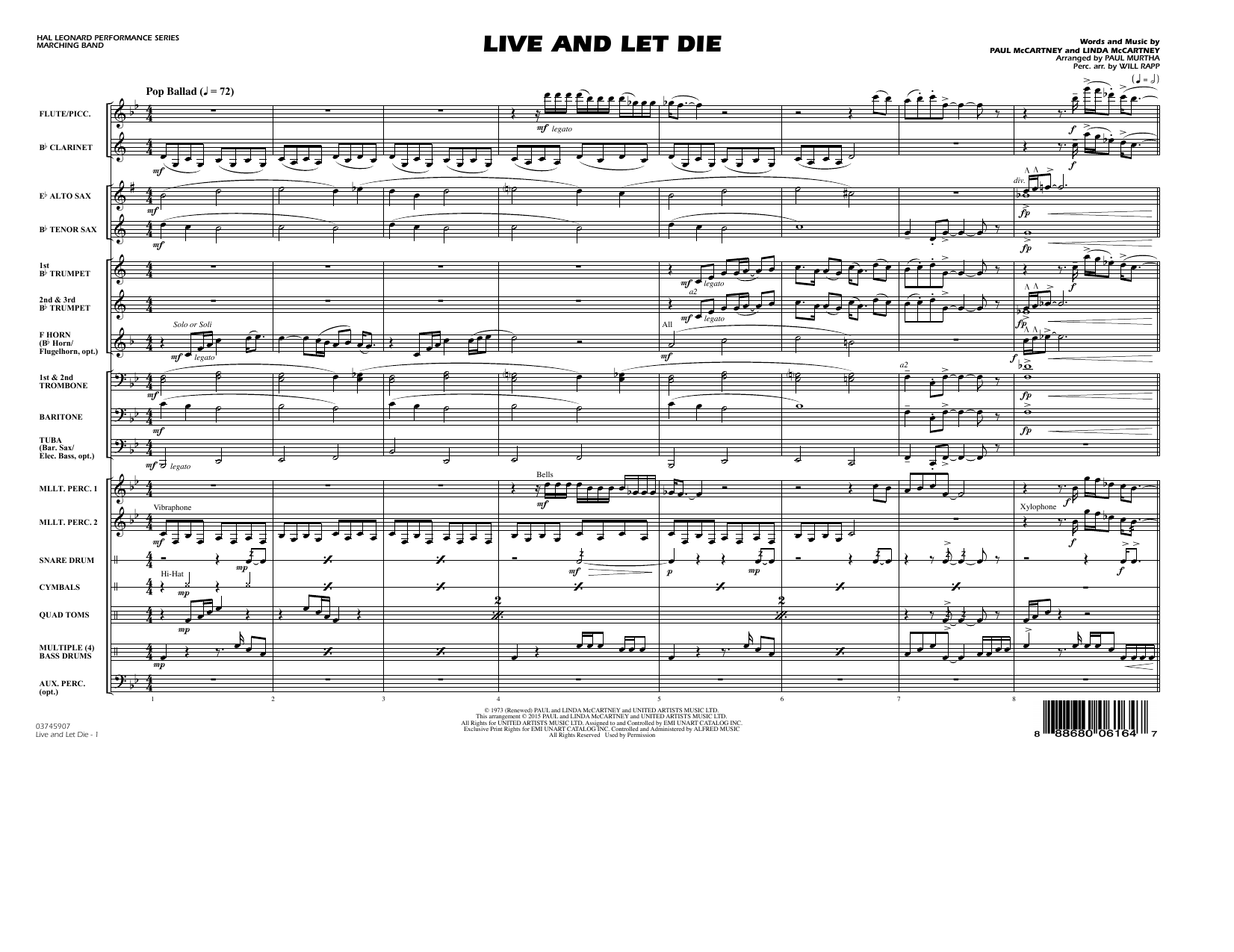 Paul Murtha Live and Let Die - Conductor Score (Full Score) sheet music notes and chords arranged for Marching Band