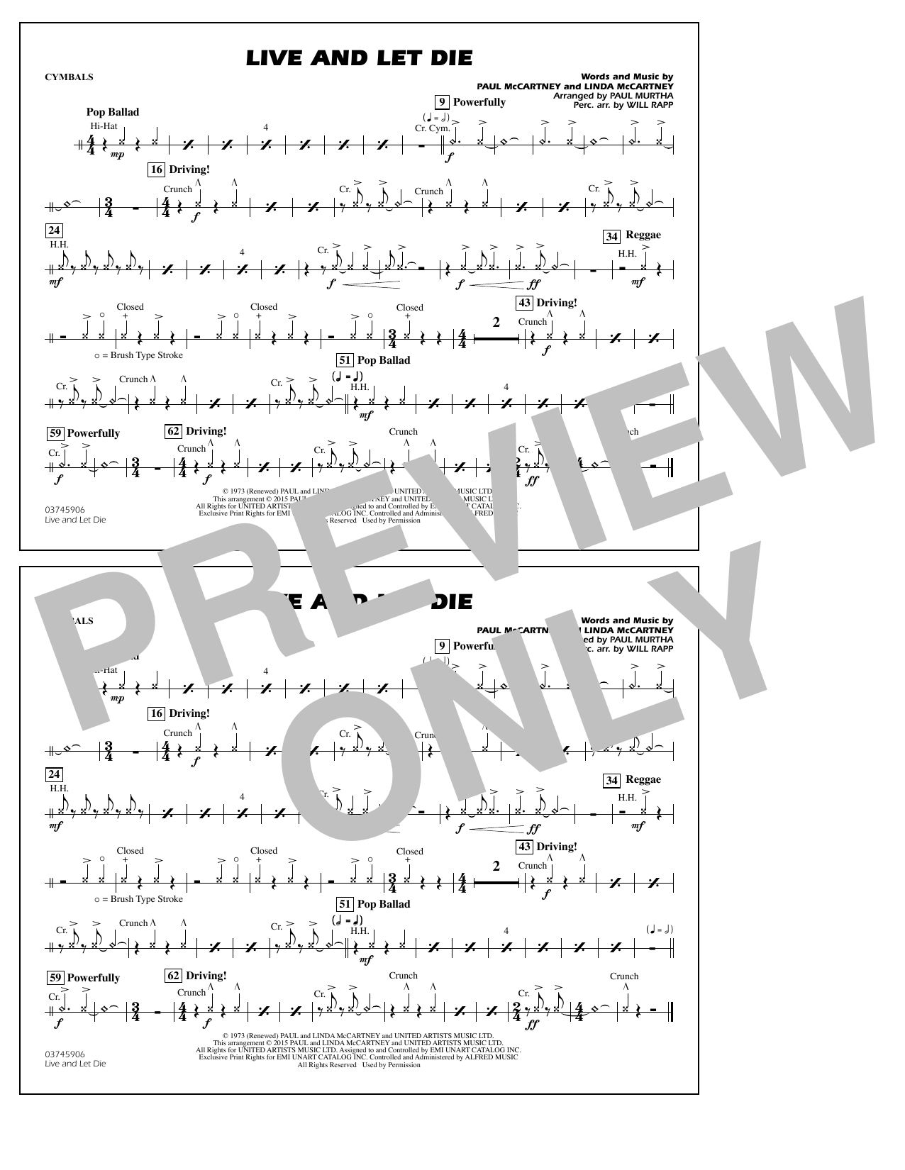 Paul Murtha Live and Let Die - Cymbals sheet music notes and chords arranged for Marching Band