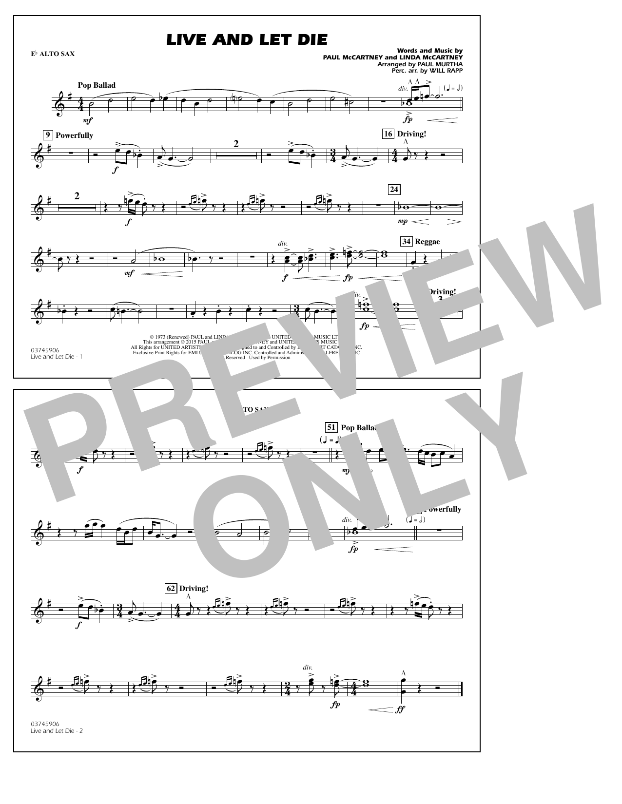 Paul Murtha Live and Let Die - Eb Alto Sax sheet music notes and chords arranged for Marching Band