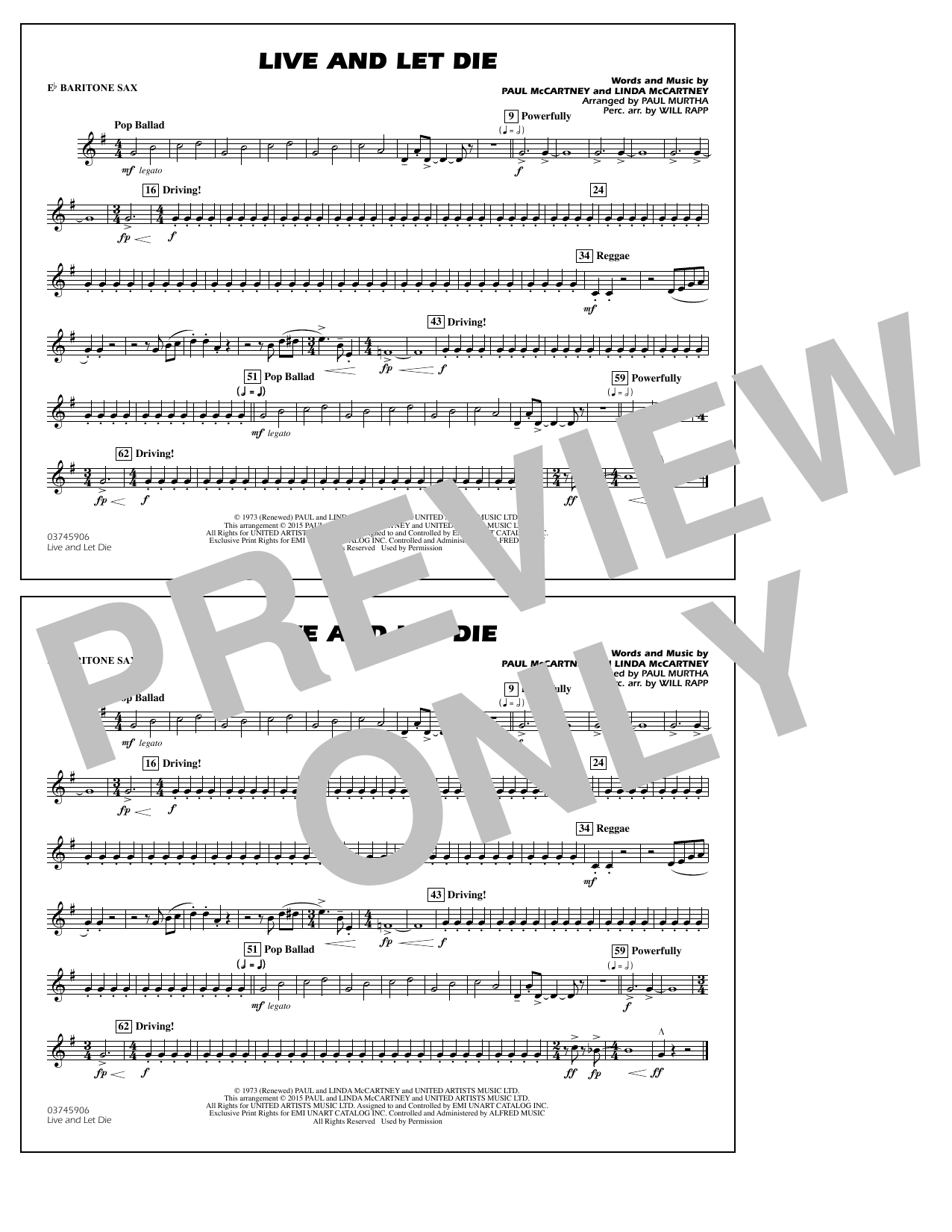 Paul Murtha Live and Let Die - Eb Baritone Sax sheet music notes and chords arranged for Marching Band