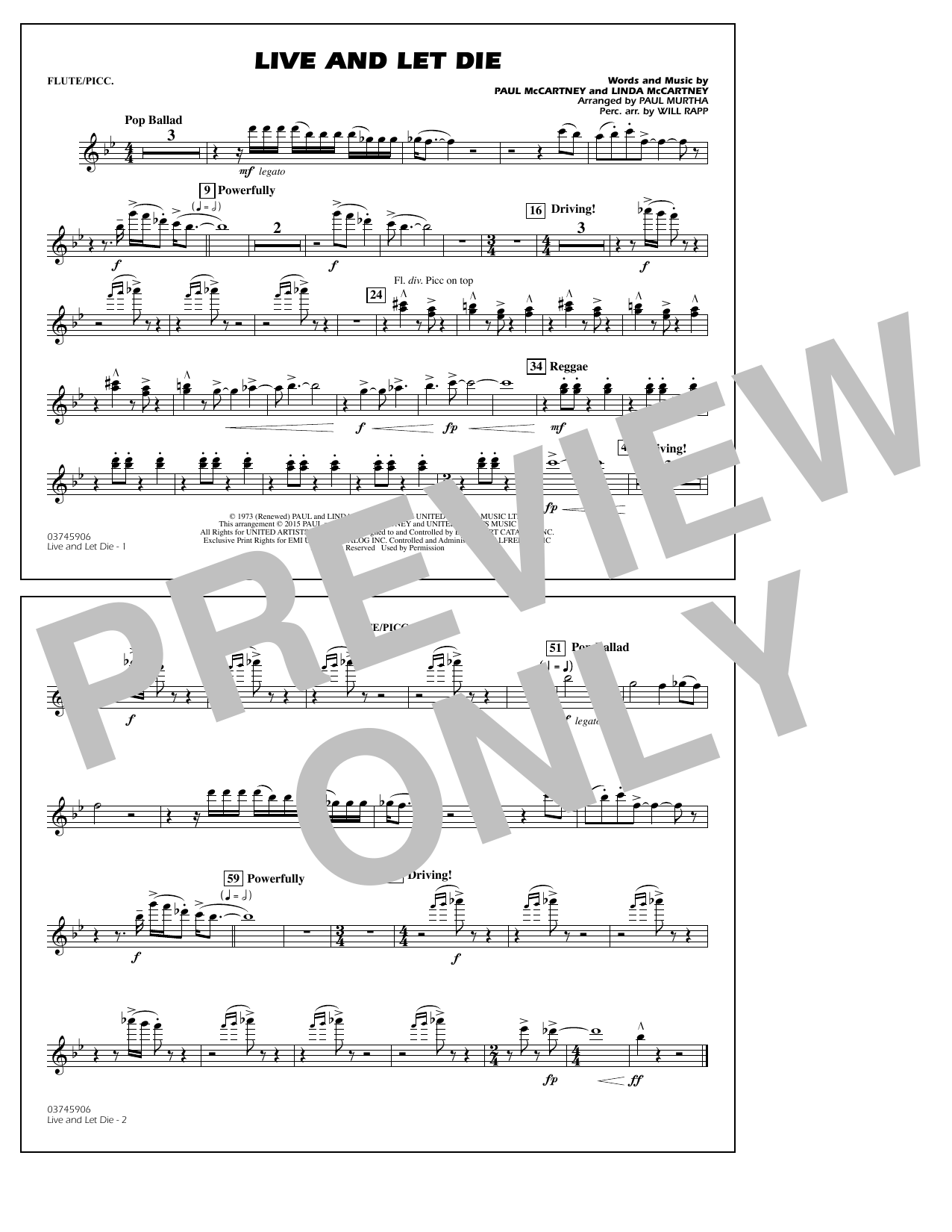 Paul Murtha Live and Let Die - Flute/Piccolo sheet music notes and chords arranged for Marching Band