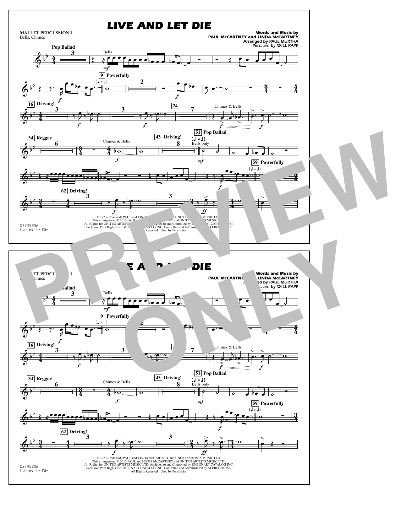 Paul Murtha Live and Let Die - Mallet Percussion 1 sheet music notes and chords arranged for Marching Band