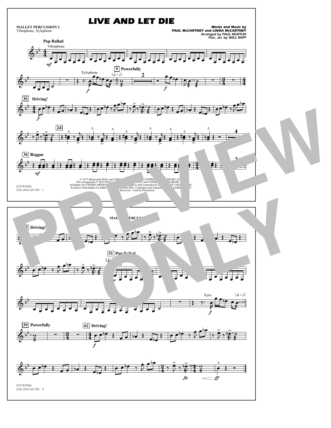 Paul Murtha Live and Let Die - Mallet Percussion 2 sheet music notes and chords arranged for Marching Band