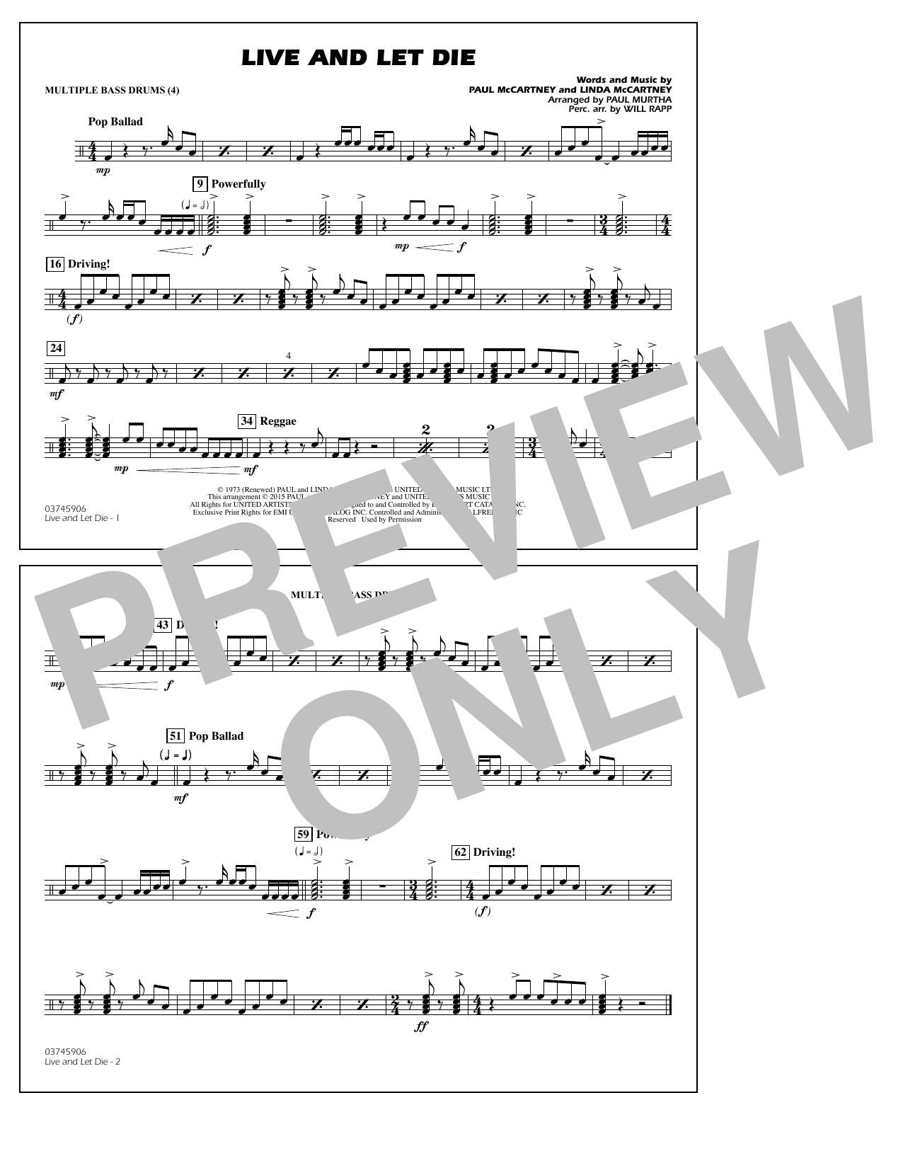 Paul Murtha Live and Let Die - Multiple Bass Drums sheet music notes and chords arranged for Marching Band