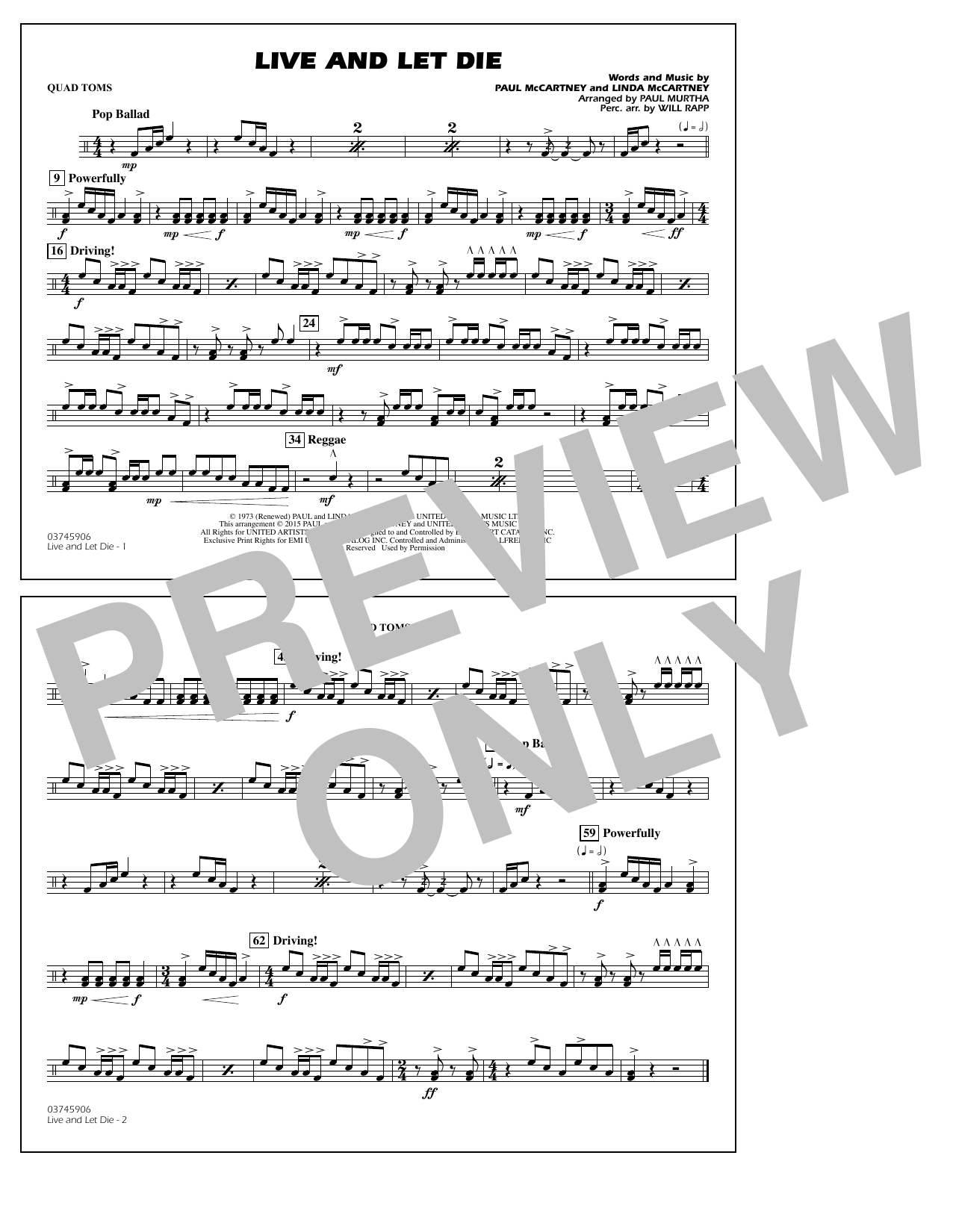 Paul Murtha Live and Let Die - Quad Toms sheet music notes and chords arranged for Marching Band