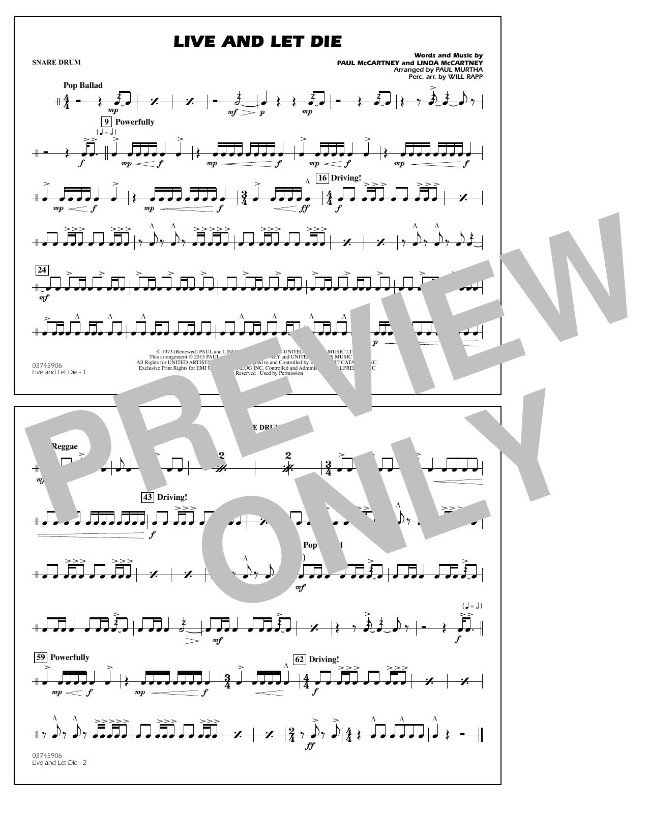 Paul Murtha Live and Let Die - Snare Drum sheet music notes and chords arranged for Marching Band