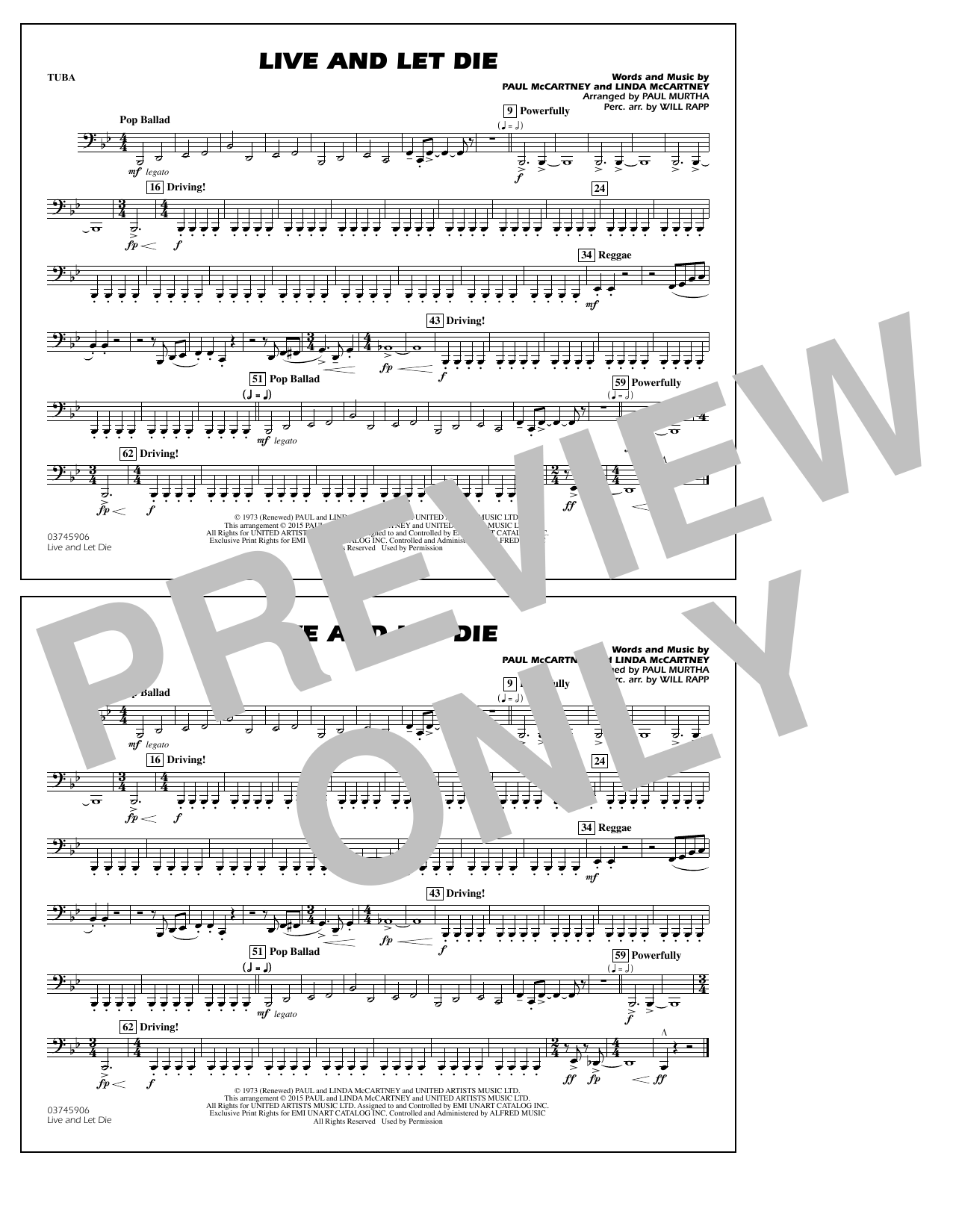 Paul Murtha Live and Let Die - Tuba sheet music notes and chords arranged for Marching Band