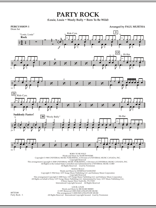 Paul Murtha Party Rock - Percussion 1 sheet music notes and chords arranged for Concert Band