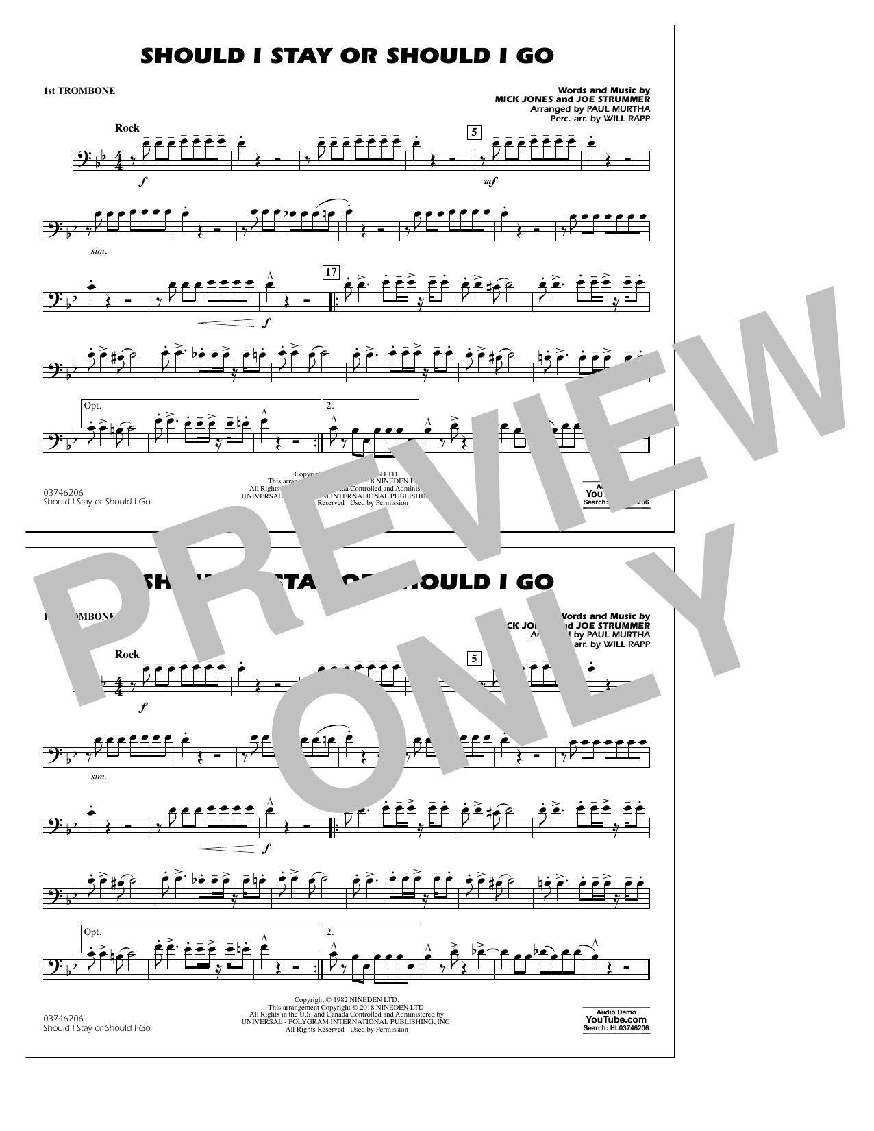 Paul Murtha Should I Stay Or Should I Go - 1st Trombone sheet music notes and chords arranged for Marching Band