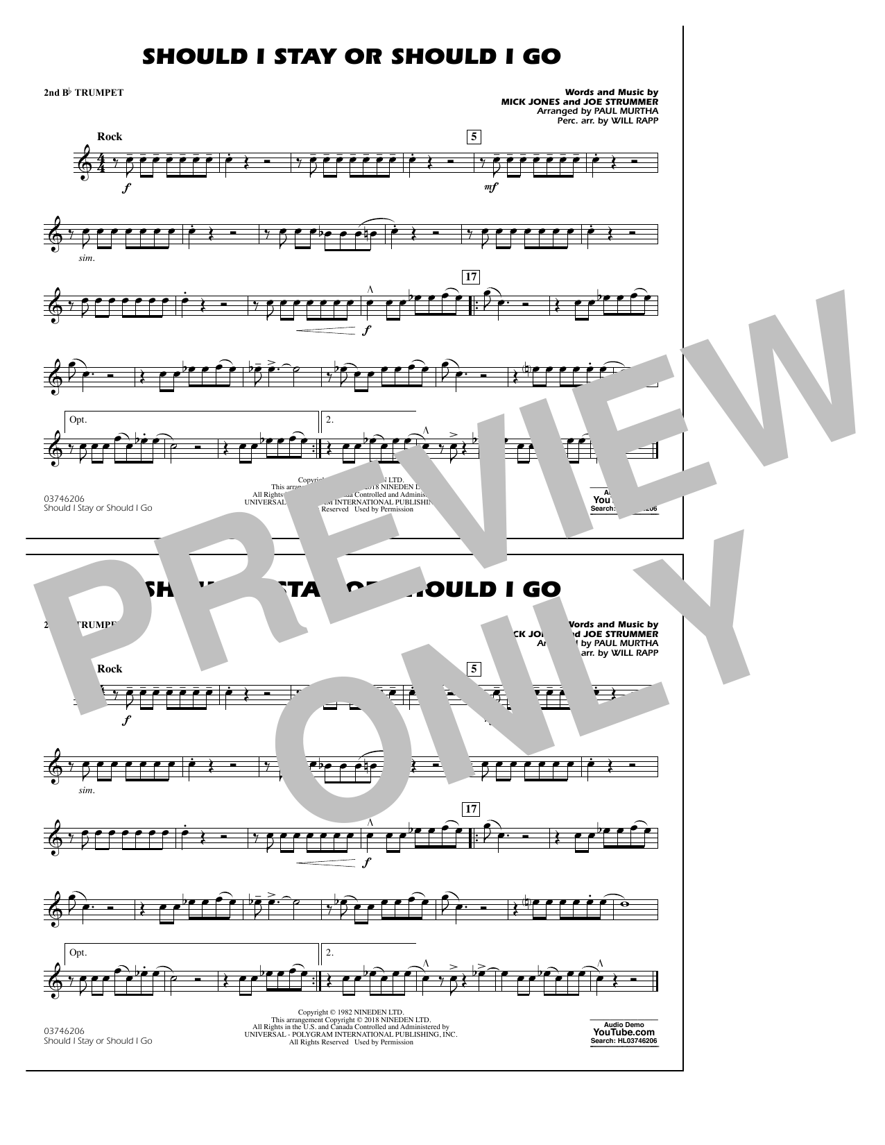 Paul Murtha Should I Stay Or Should I Go - 2nd Bb Trumpet sheet music notes and chords arranged for Marching Band