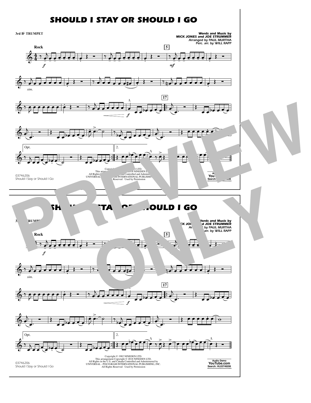 Paul Murtha Should I Stay Or Should I Go - 3rd Bb Trumpet sheet music notes and chords arranged for Marching Band