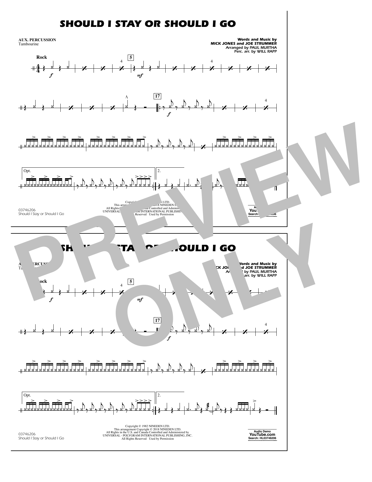 Paul Murtha Should I Stay Or Should I Go - Aux Percussion sheet music notes and chords arranged for Marching Band