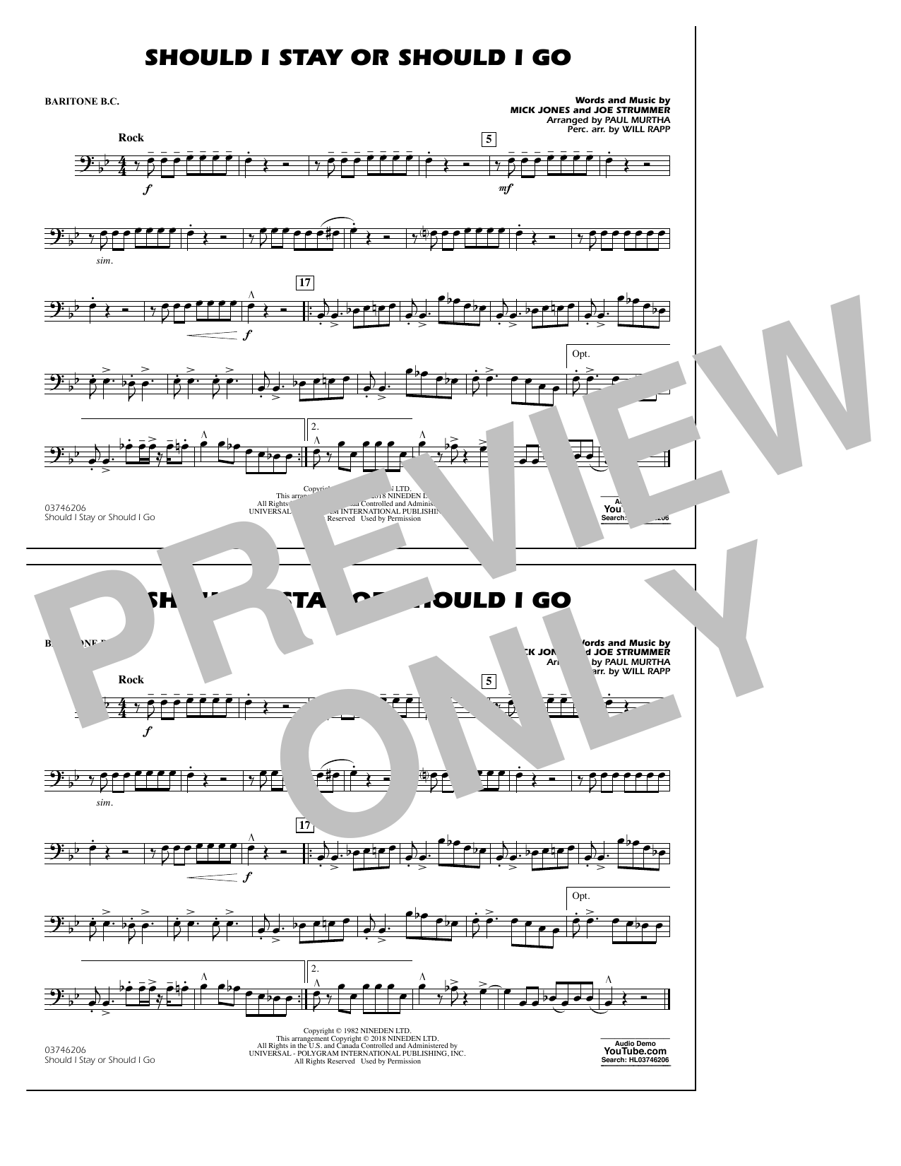 Paul Murtha Should I Stay Or Should I Go - Baritone B.C. sheet music notes and chords arranged for Marching Band