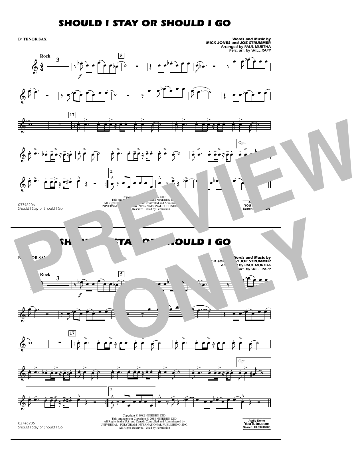 Paul Murtha Should I Stay Or Should I Go - Bb Tenor Sax sheet music notes and chords arranged for Marching Band