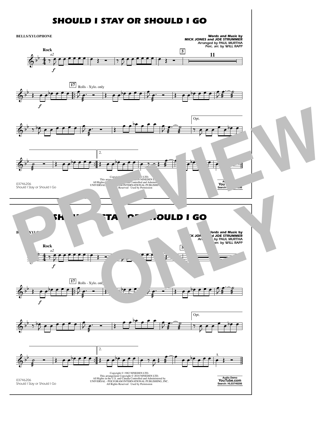 Paul Murtha Should I Stay Or Should I Go - Bells/Xylophone sheet music notes and chords arranged for Marching Band