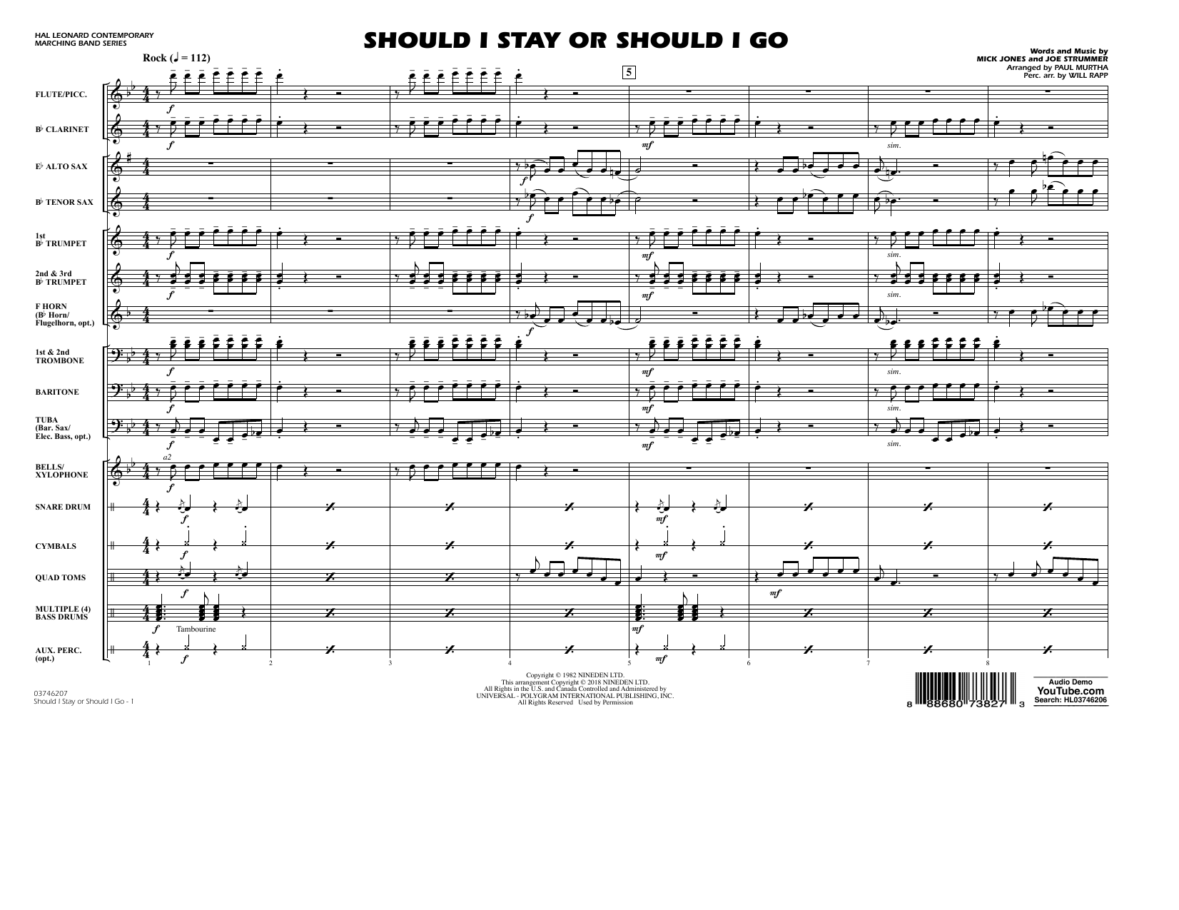 Paul Murtha Should I Stay Or Should I Go - Conductor Score (Full Score) sheet music notes and chords arranged for Marching Band