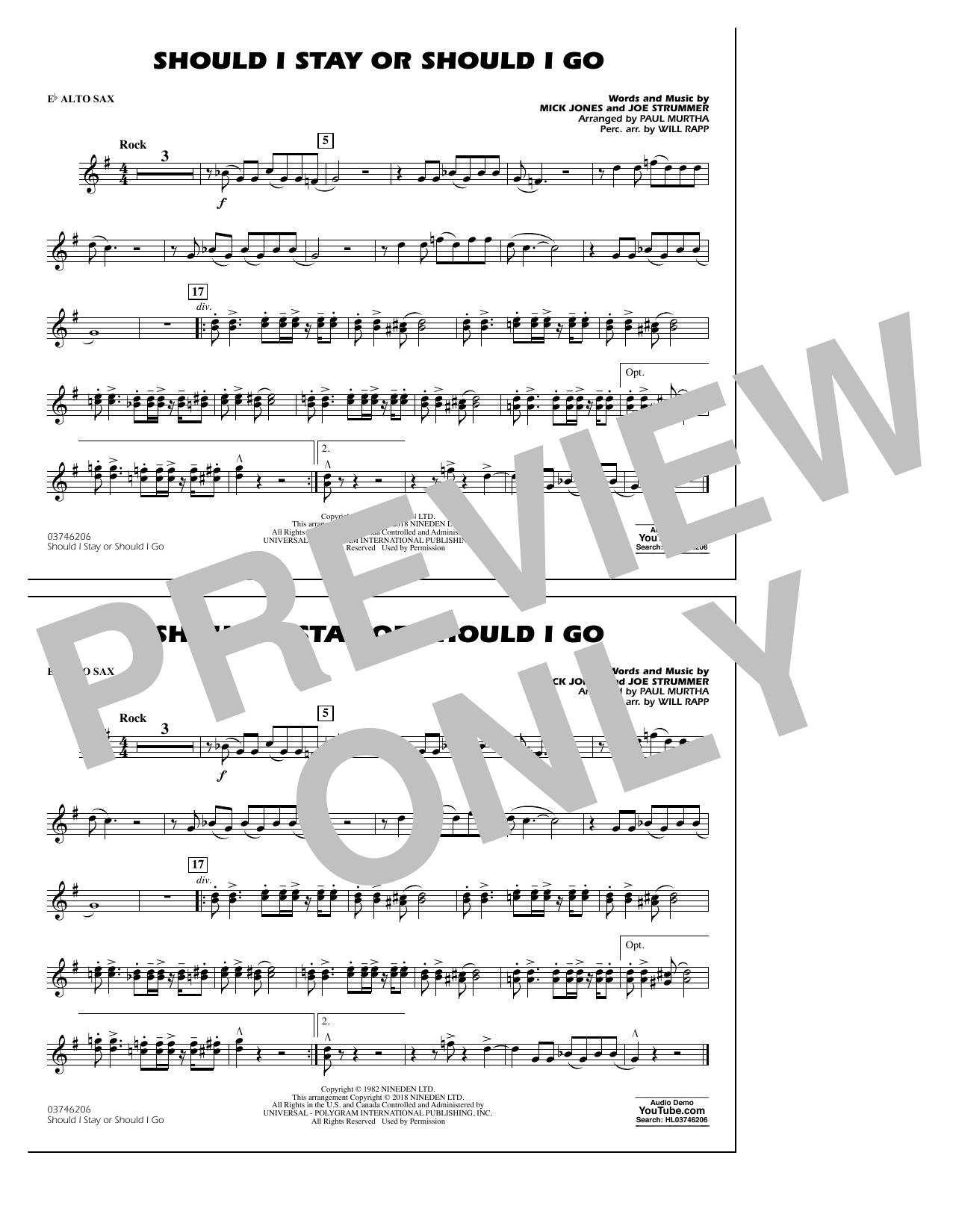 Paul Murtha Should I Stay Or Should I Go - Eb Alto Sax sheet music notes and chords arranged for Marching Band