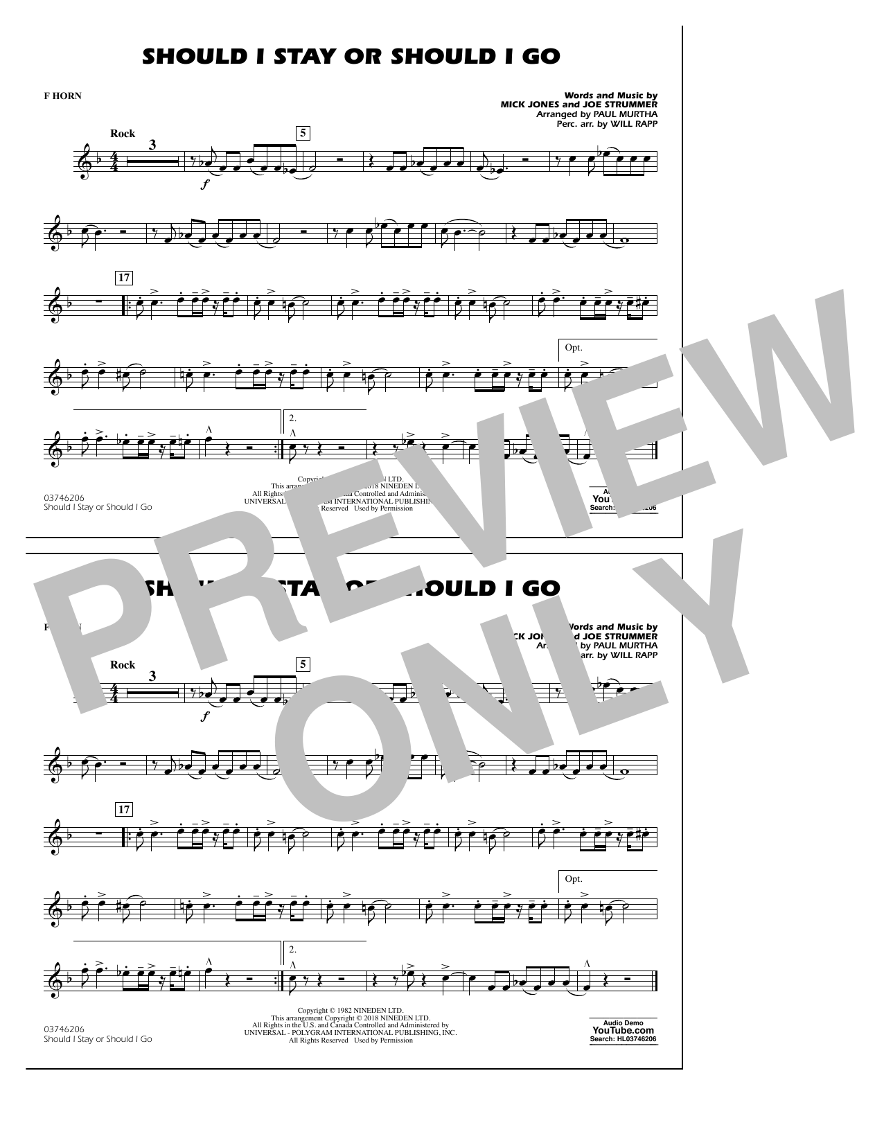Paul Murtha Should I Stay Or Should I Go - F Horn sheet music notes and chords arranged for Marching Band
