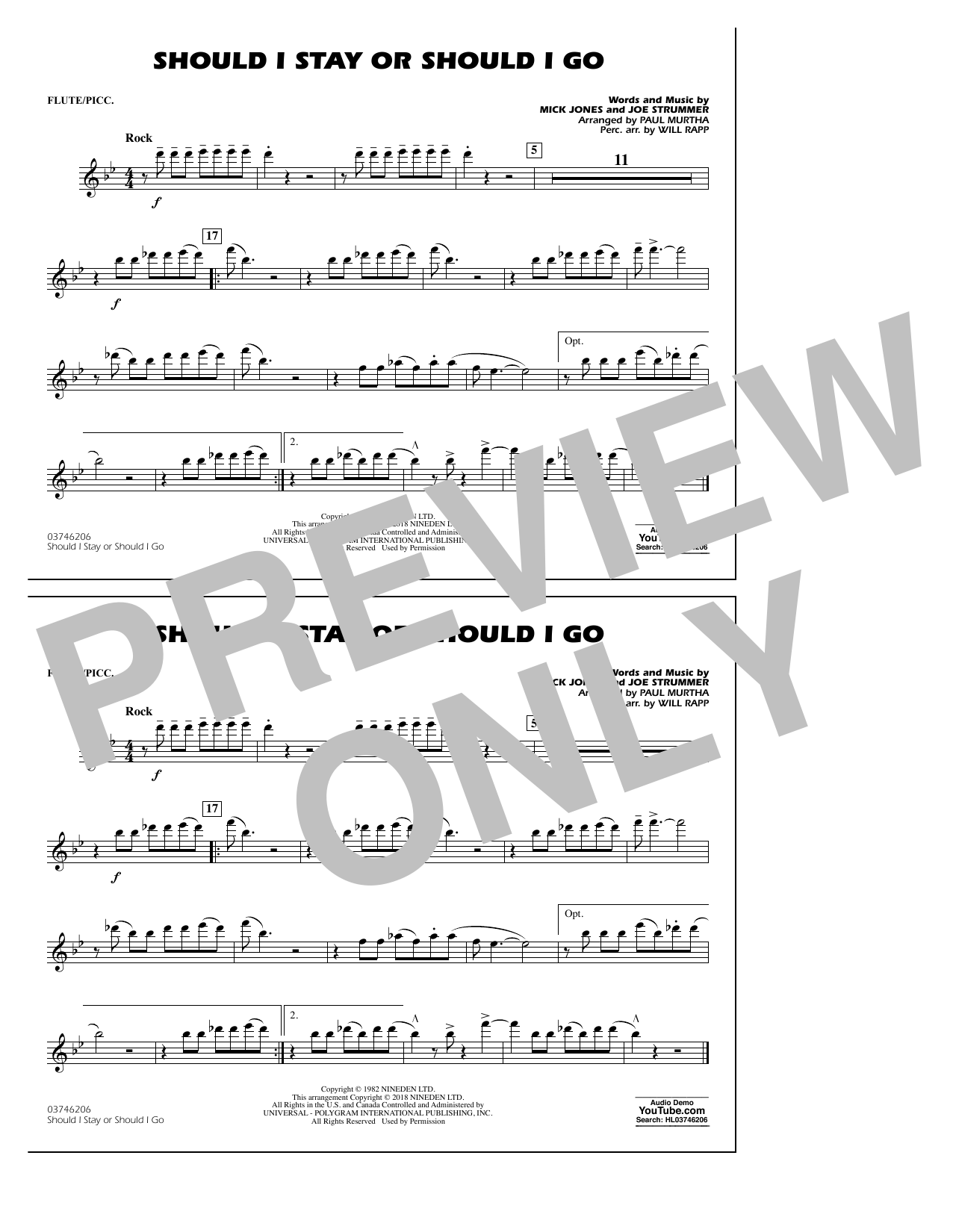 Paul Murtha Should I Stay Or Should I Go - Flute/Piccolo sheet music notes and chords arranged for Marching Band