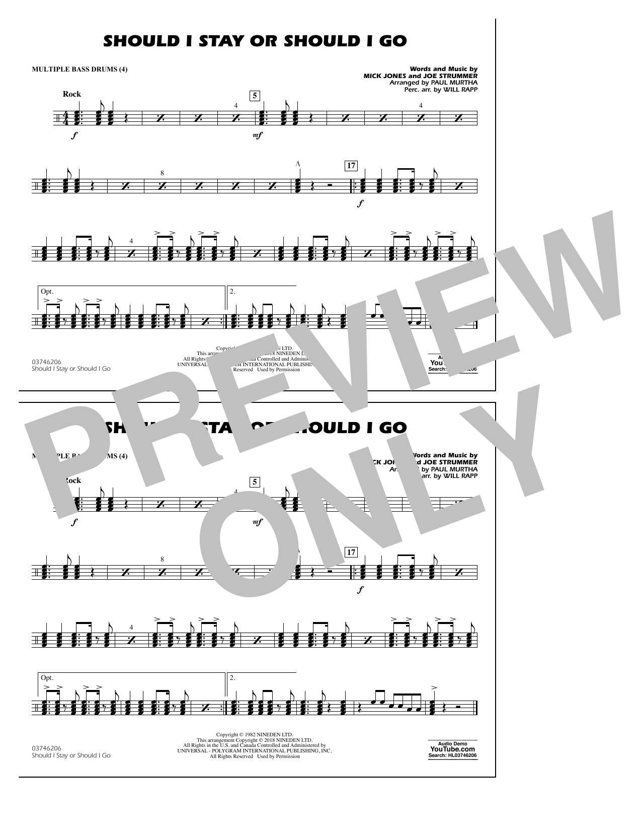Paul Murtha Should I Stay Or Should I Go - Multiple Bass Drums sheet music notes and chords arranged for Marching Band