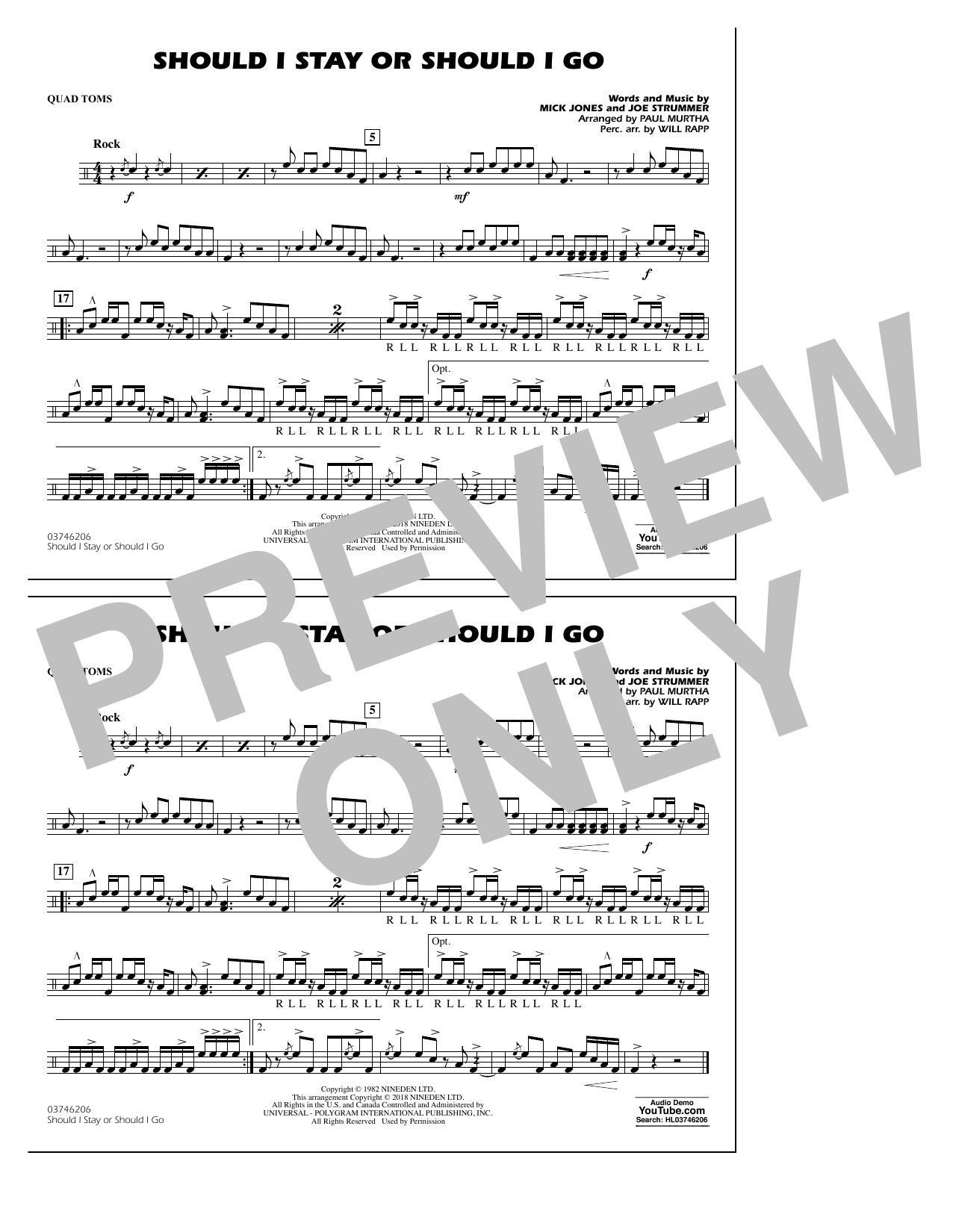 Paul Murtha Should I Stay Or Should I Go - Quad Toms sheet music notes and chords arranged for Marching Band