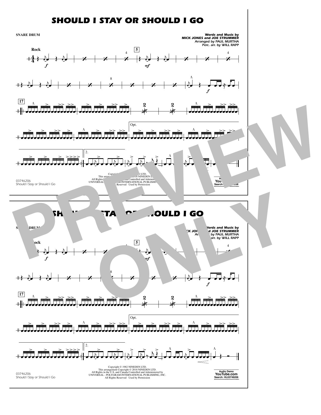 Paul Murtha Should I Stay Or Should I Go - Snare Drum sheet music notes and chords arranged for Marching Band