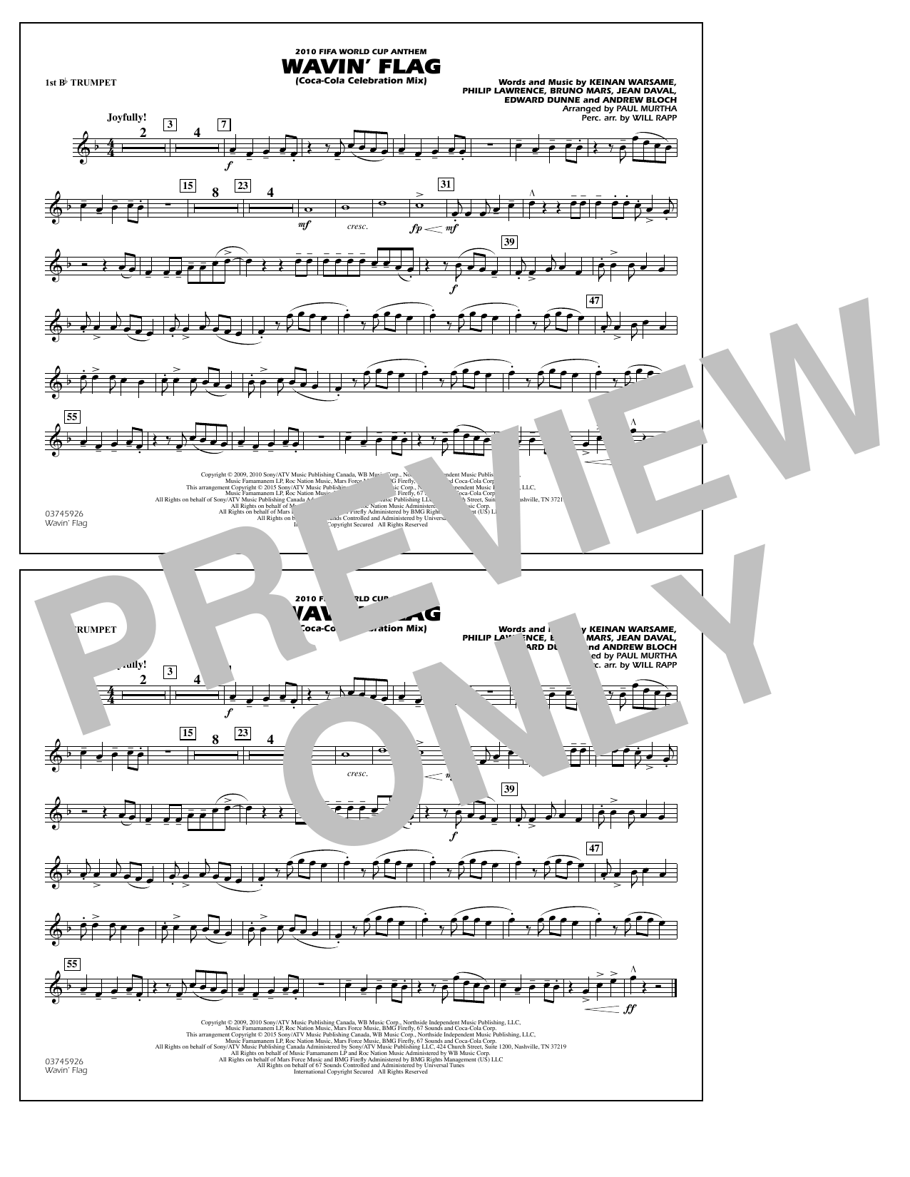 Paul Murtha Wavin' Flag - 1st Bb Trumpet sheet music notes and chords arranged for Marching Band