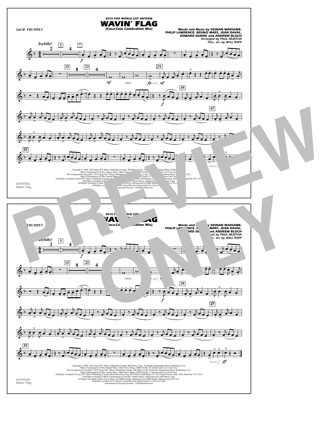 Paul Murtha Wavin' Flag - 2nd Bb Trumpet sheet music notes and chords arranged for Marching Band