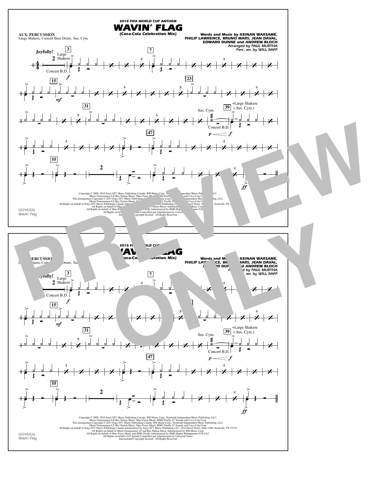 Paul Murtha Wavin' Flag - Aux Percussion sheet music notes and chords arranged for Marching Band