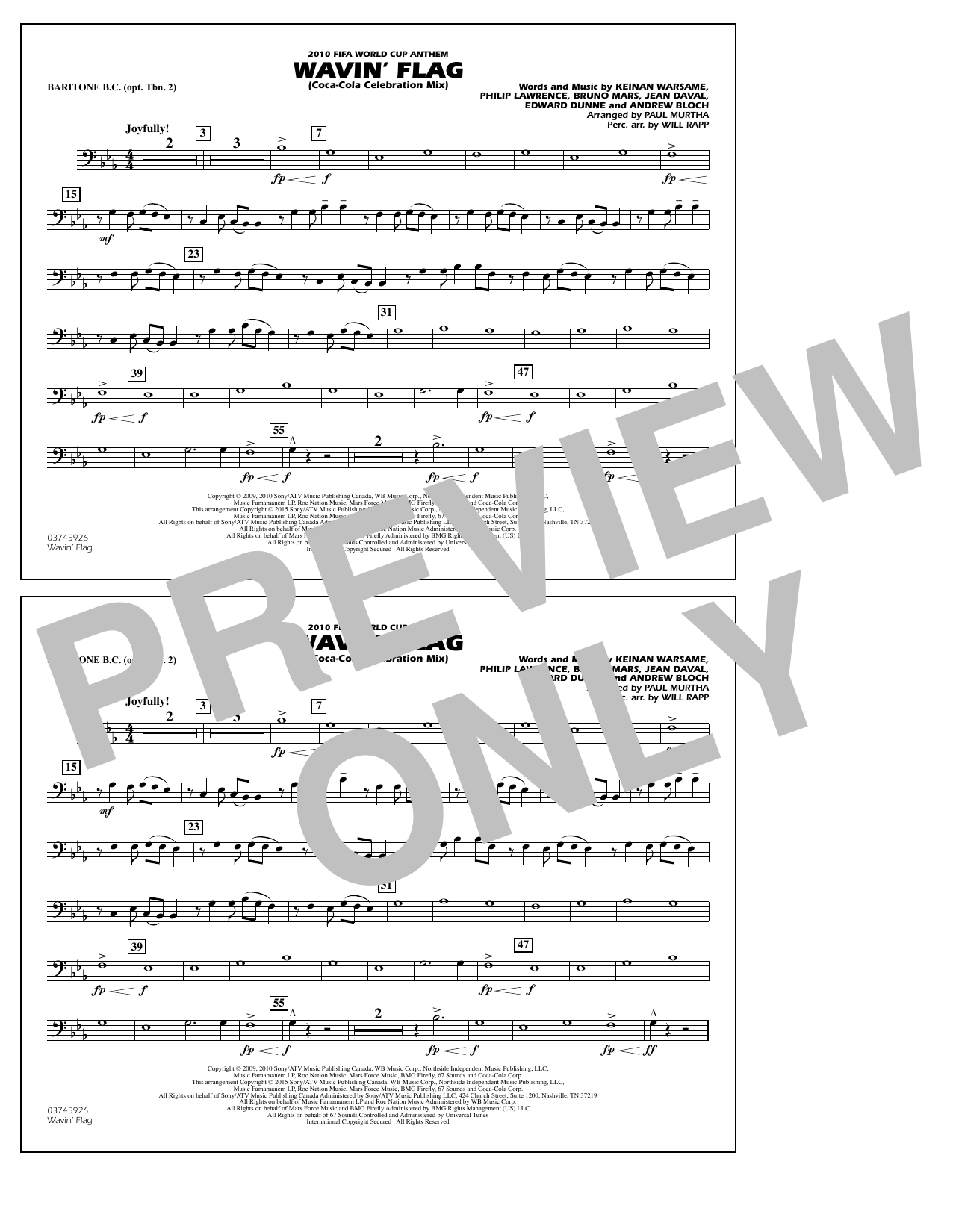 Paul Murtha Wavin' Flag - Baritone B.C. (Opt. Tbn. 2) sheet music notes and chords arranged for Marching Band