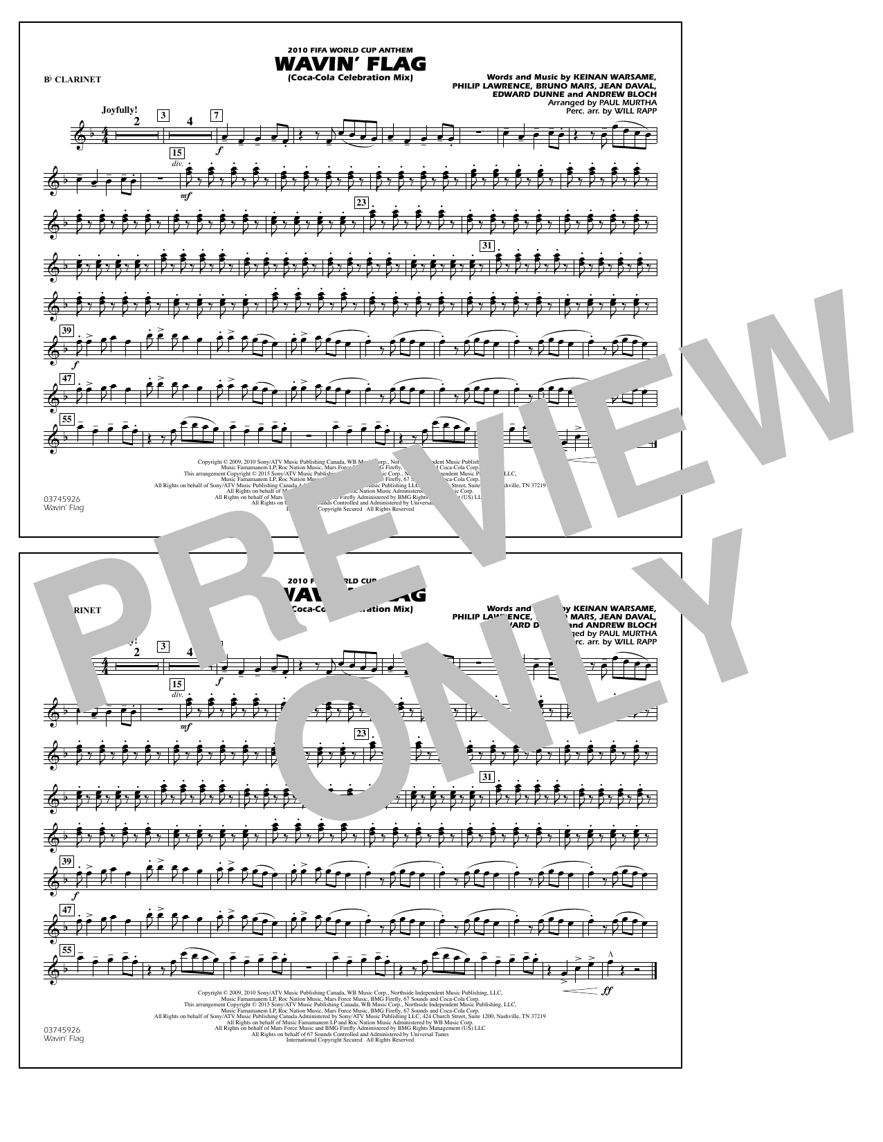 Paul Murtha Wavin' Flag - Bb Clarinet sheet music notes and chords arranged for Marching Band