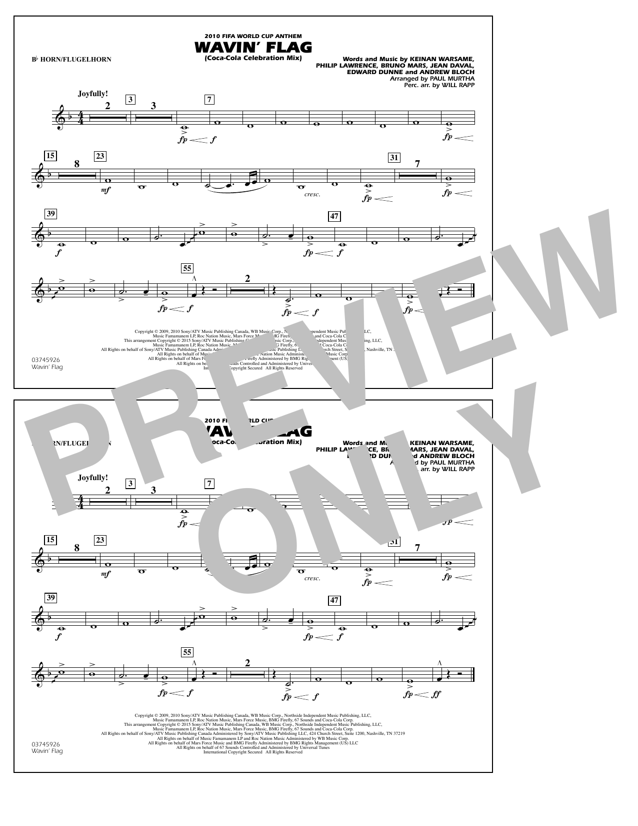 Paul Murtha Wavin' Flag - Bb Horn/Flugelhorn sheet music notes and chords arranged for Marching Band