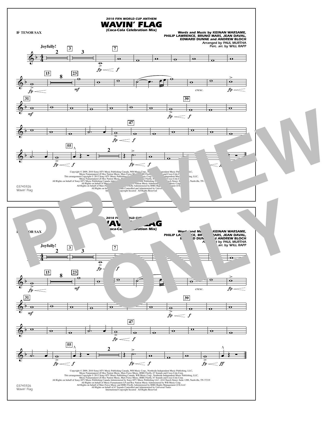 Paul Murtha Wavin' Flag - Bb Tenor Sax sheet music notes and chords arranged for Marching Band