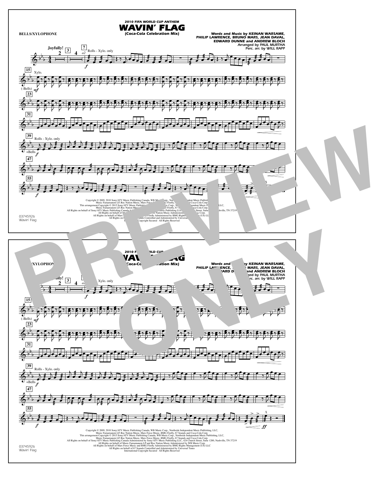 Paul Murtha Wavin' Flag - Bells/Xylophone sheet music notes and chords arranged for Marching Band