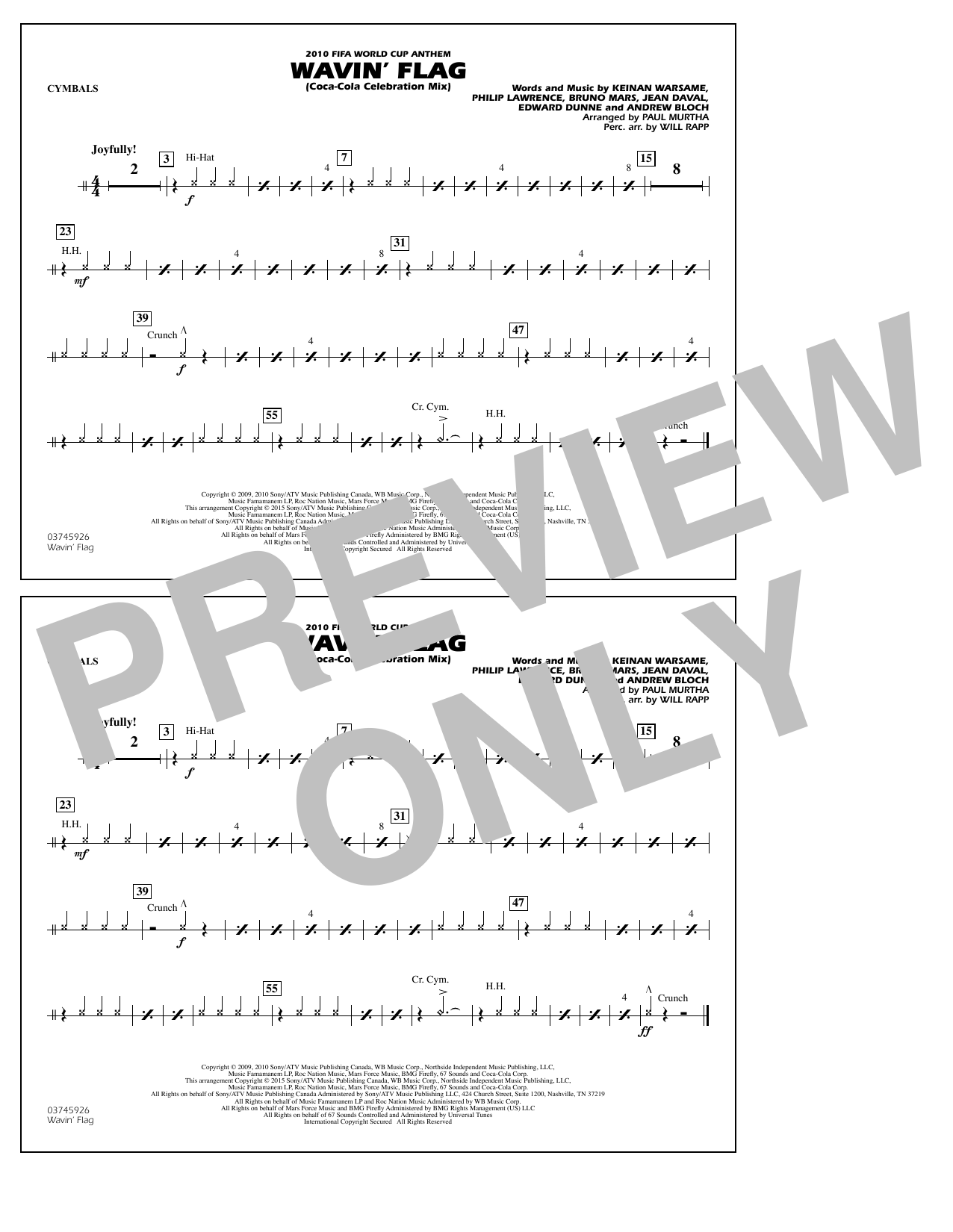 Paul Murtha Wavin' Flag - Cymbals sheet music notes and chords arranged for Marching Band