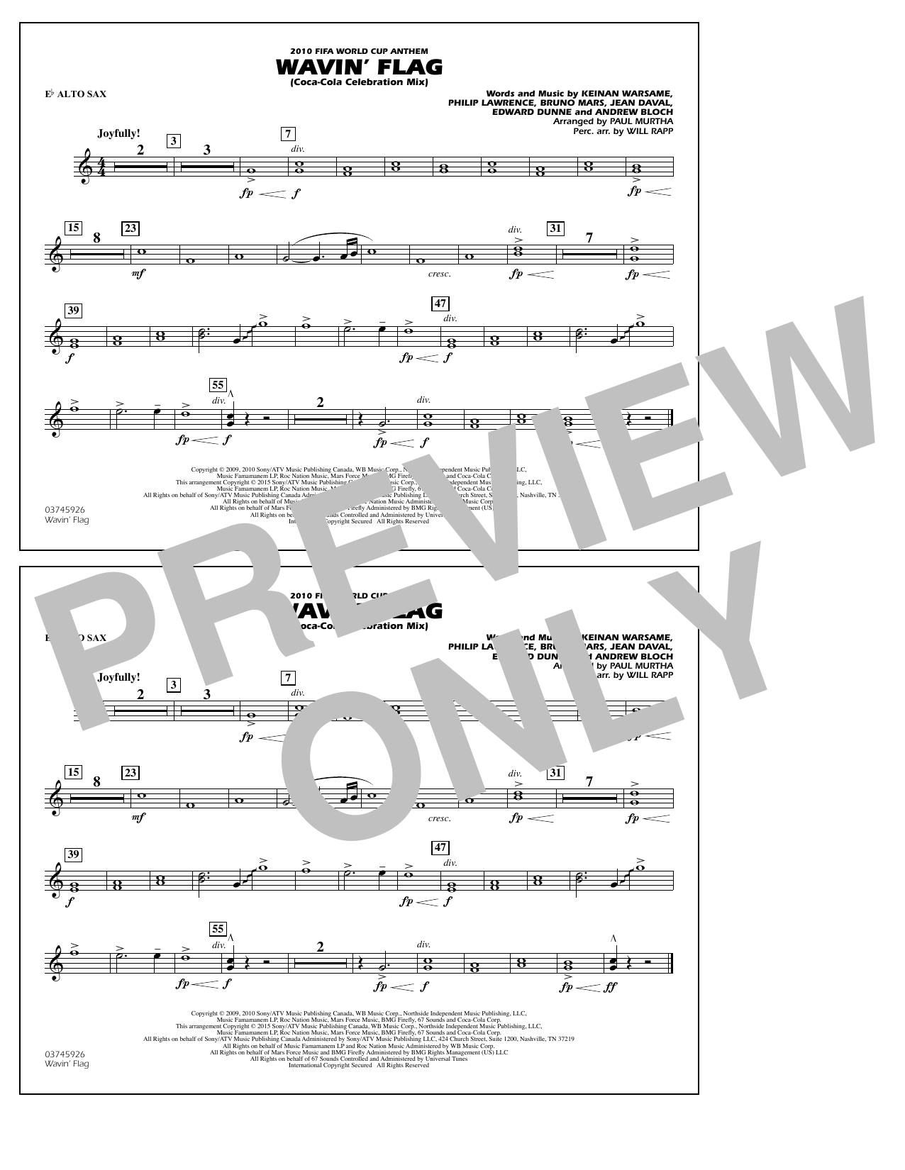 Paul Murtha Wavin' Flag - Eb Alto Sax sheet music notes and chords arranged for Marching Band