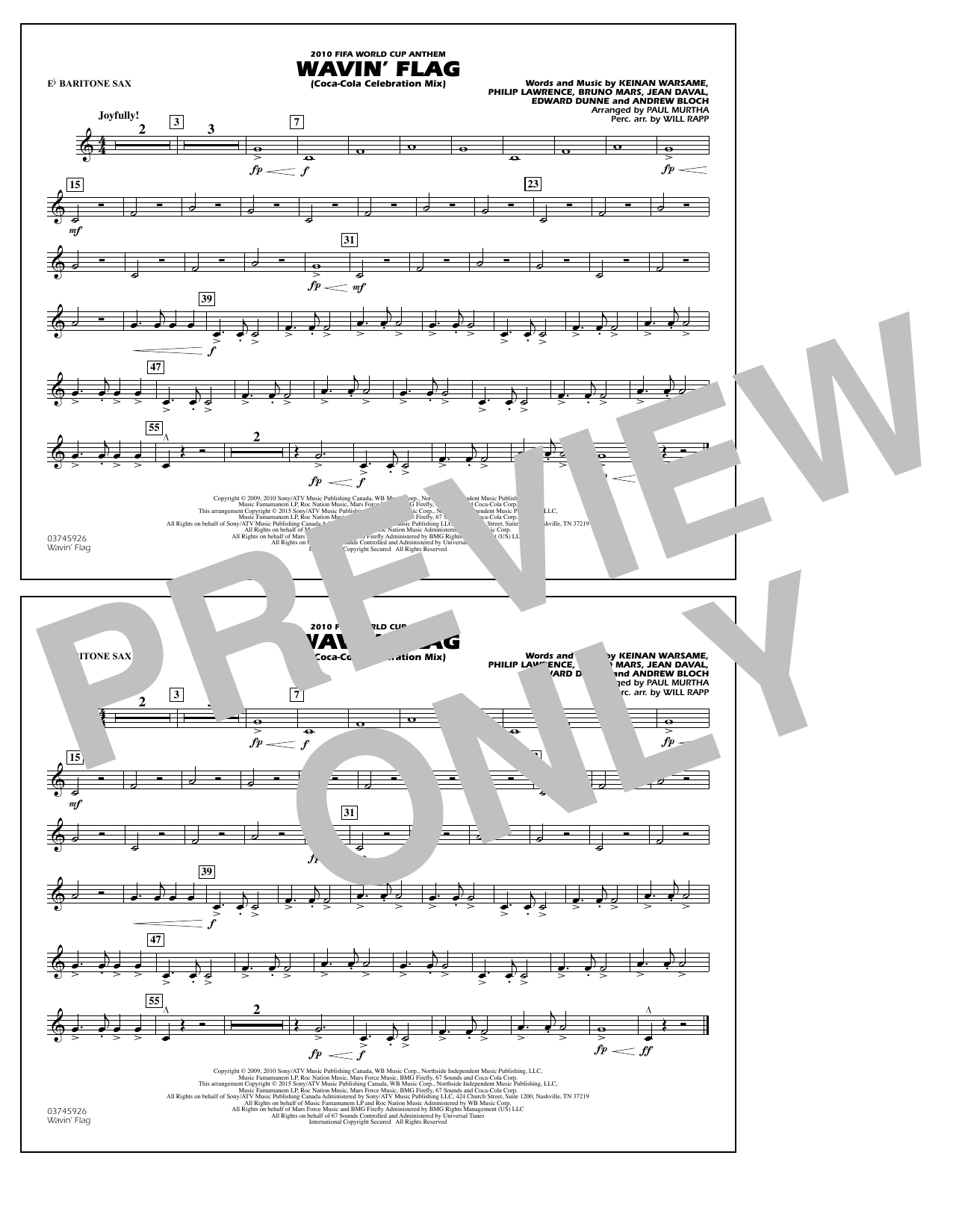Paul Murtha Wavin' Flag - Eb Baritone Sax sheet music notes and chords arranged for Marching Band
