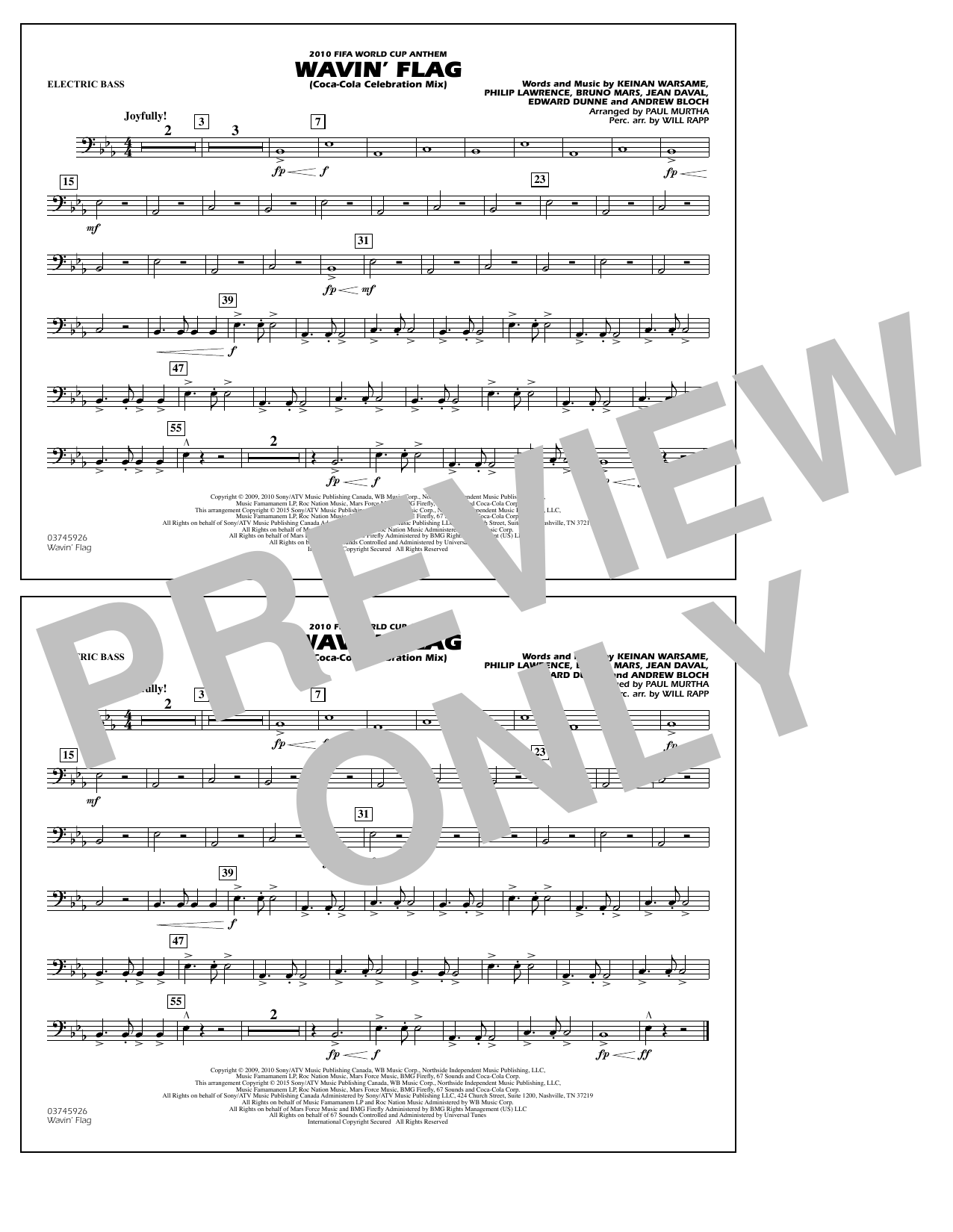 Paul Murtha Wavin' Flag - Electric Bass sheet music notes and chords arranged for Marching Band