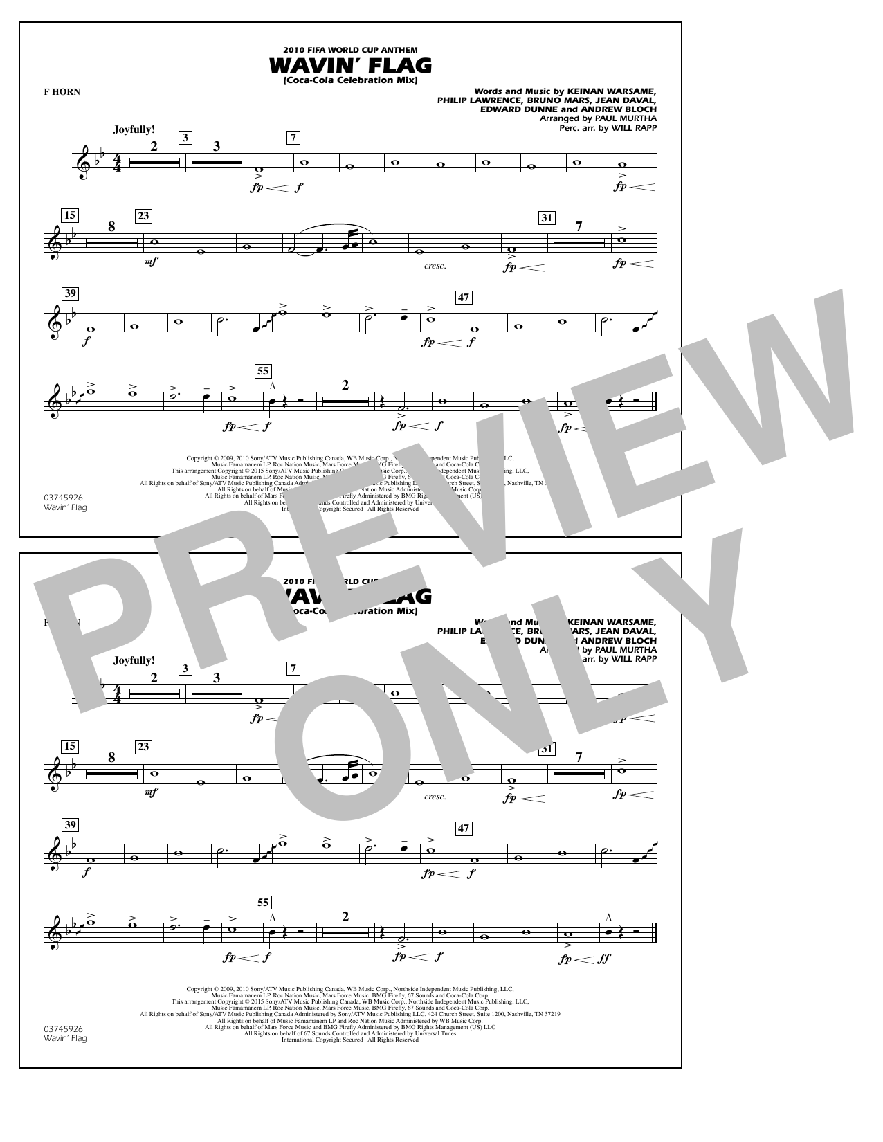 Paul Murtha Wavin' Flag - F Horn sheet music notes and chords arranged for Marching Band