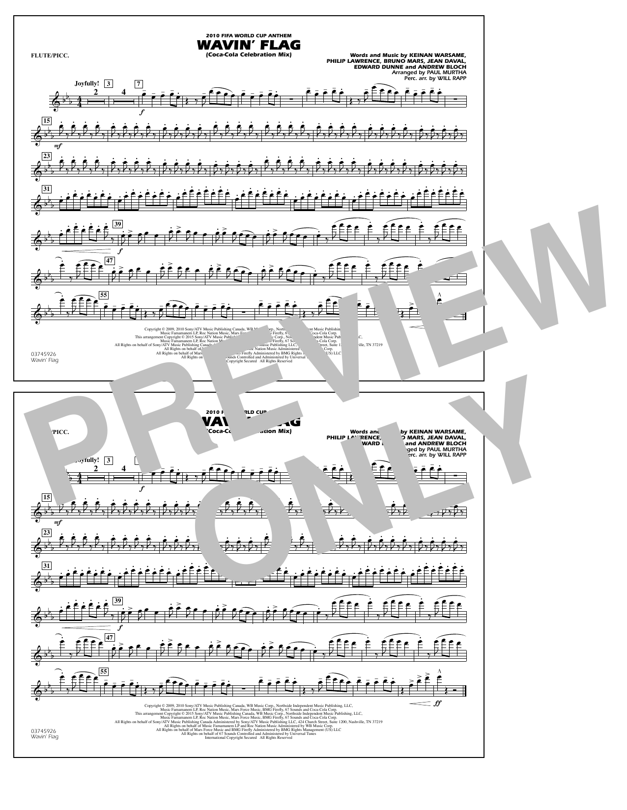 Paul Murtha Wavin' Flag - Flute/Piccolo sheet music notes and chords arranged for Marching Band