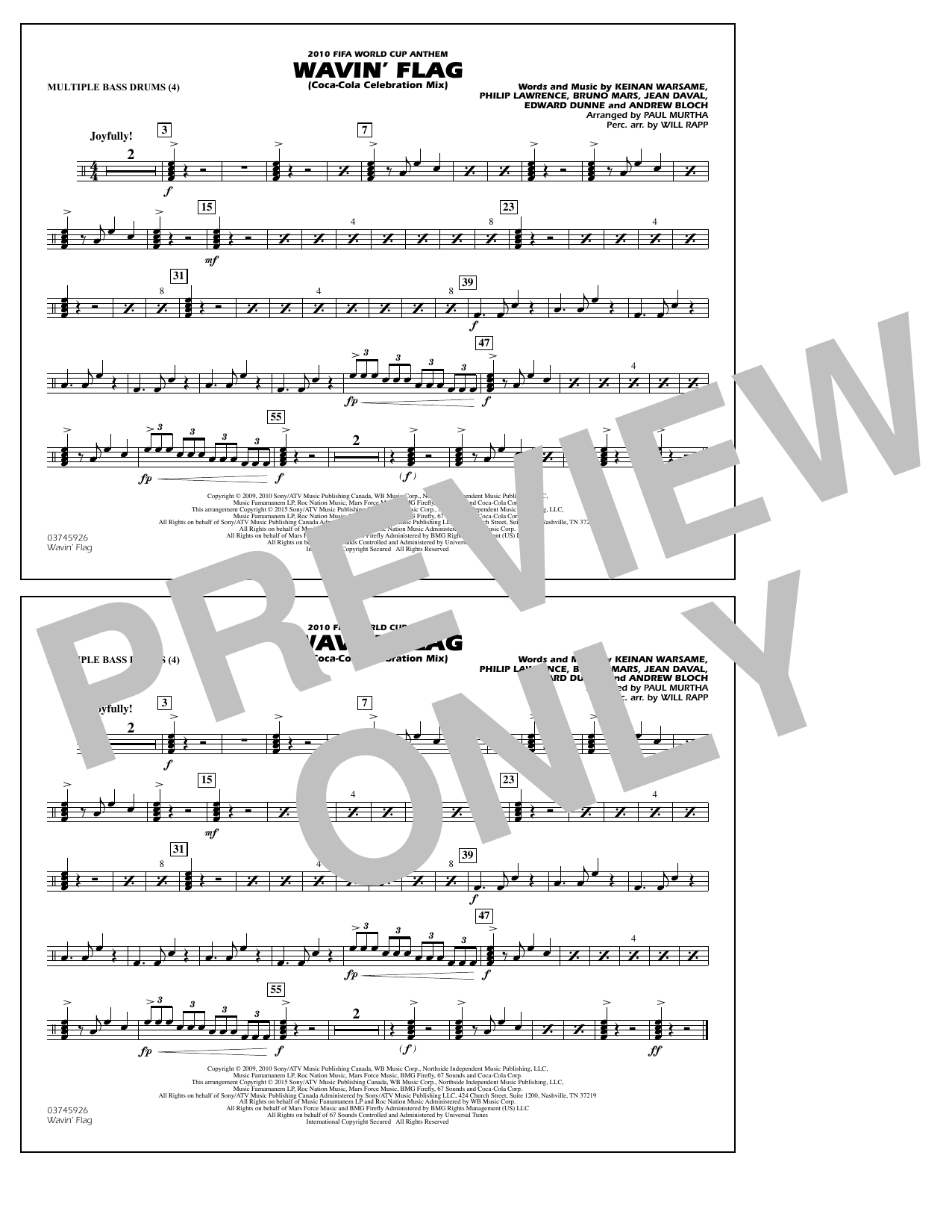 Paul Murtha Wavin' Flag - Multiple Bass Drums sheet music notes and chords arranged for Marching Band