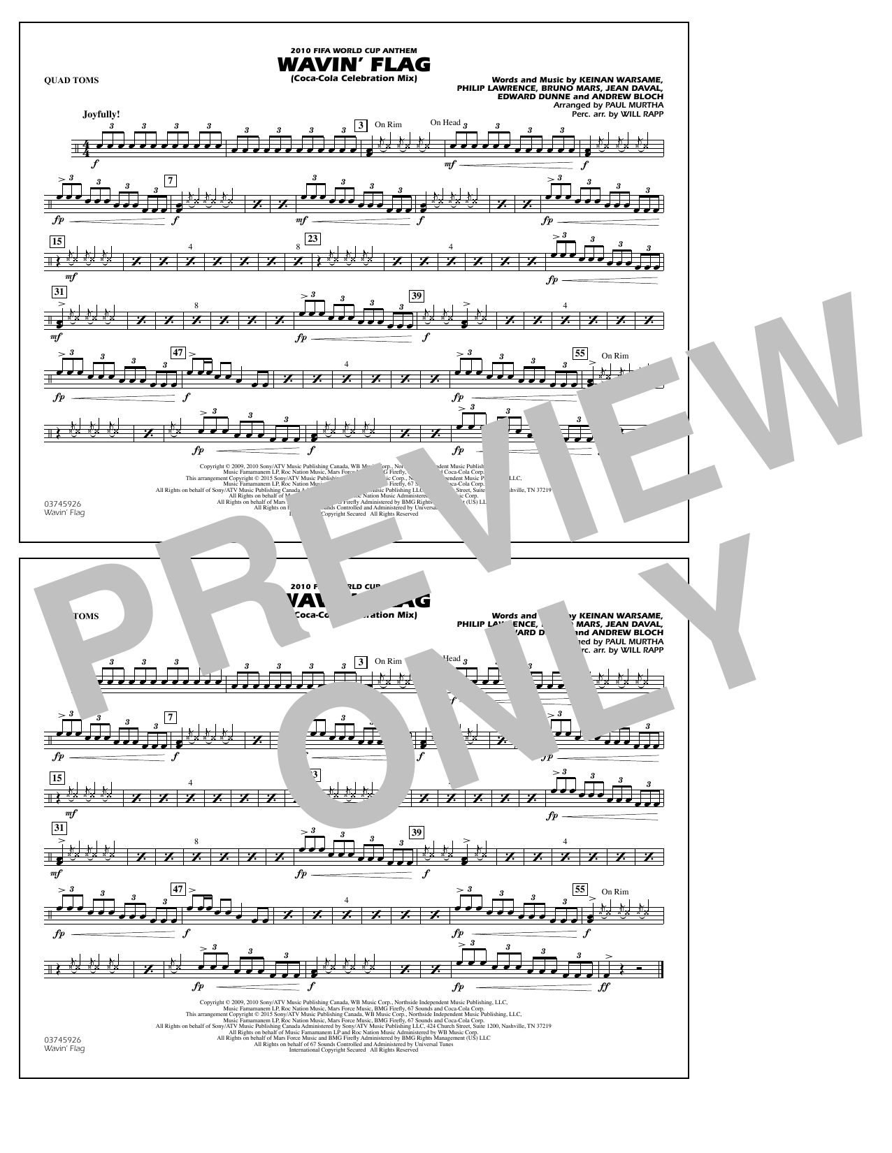 Paul Murtha Wavin' Flag - Quad Toms sheet music notes and chords arranged for Marching Band