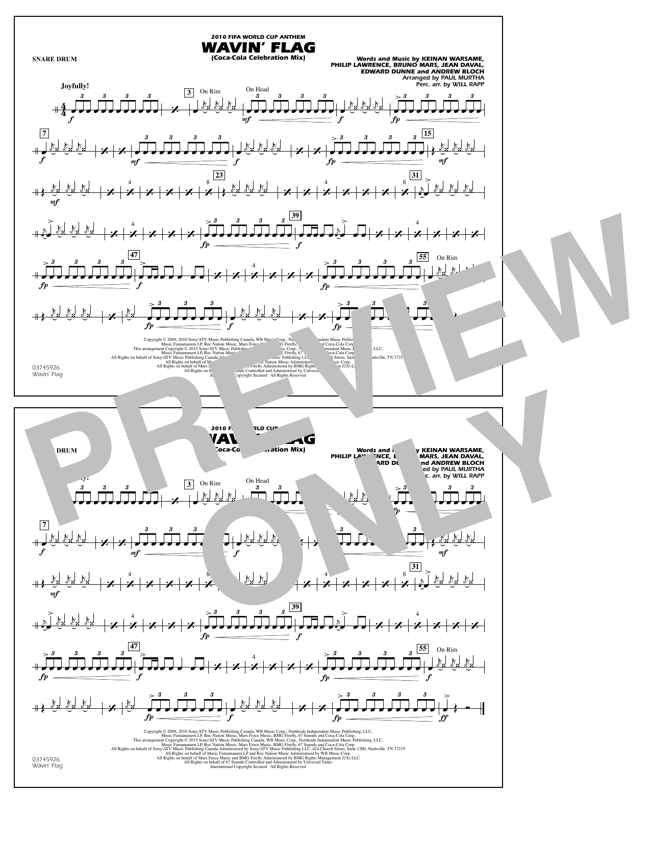 Paul Murtha Wavin' Flag - Snare Drum sheet music notes and chords arranged for Marching Band