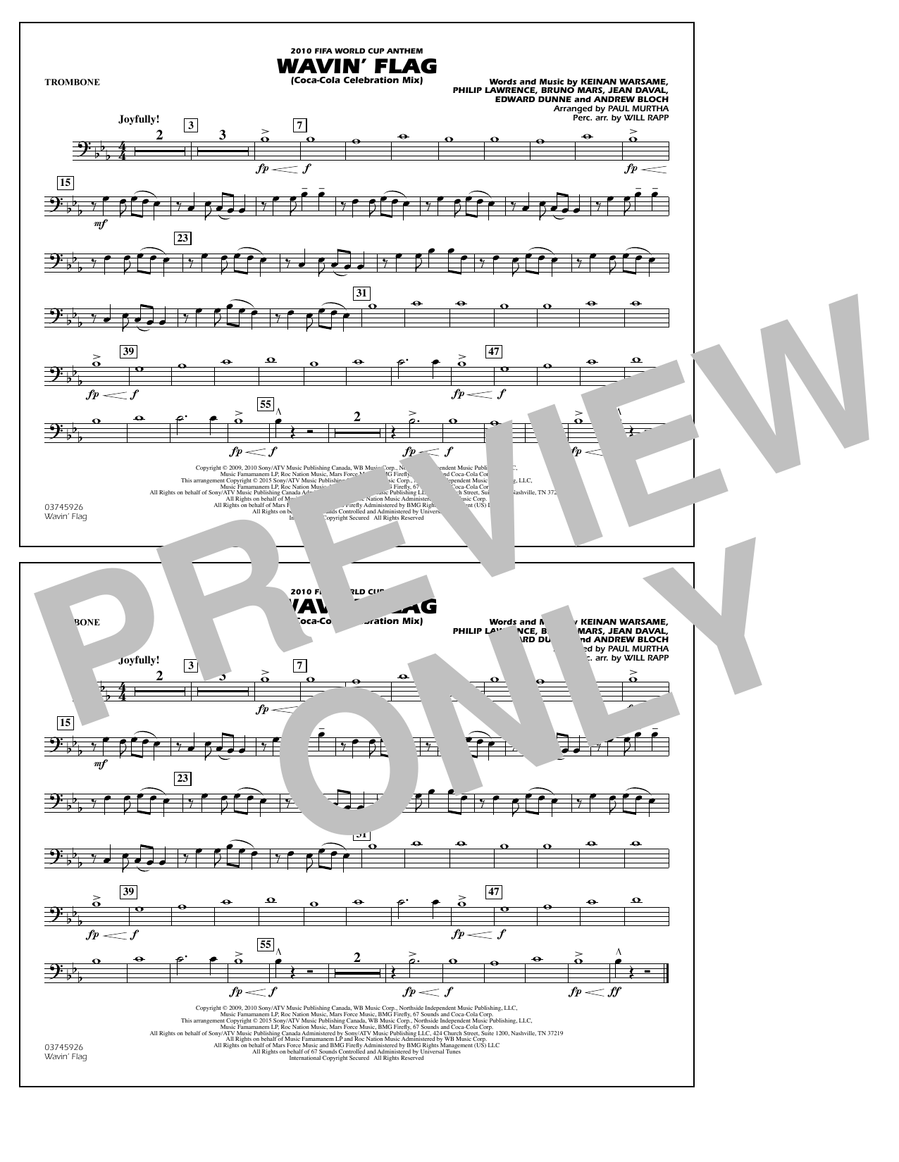 Paul Murtha Wavin' Flag - Trombone sheet music notes and chords arranged for Marching Band